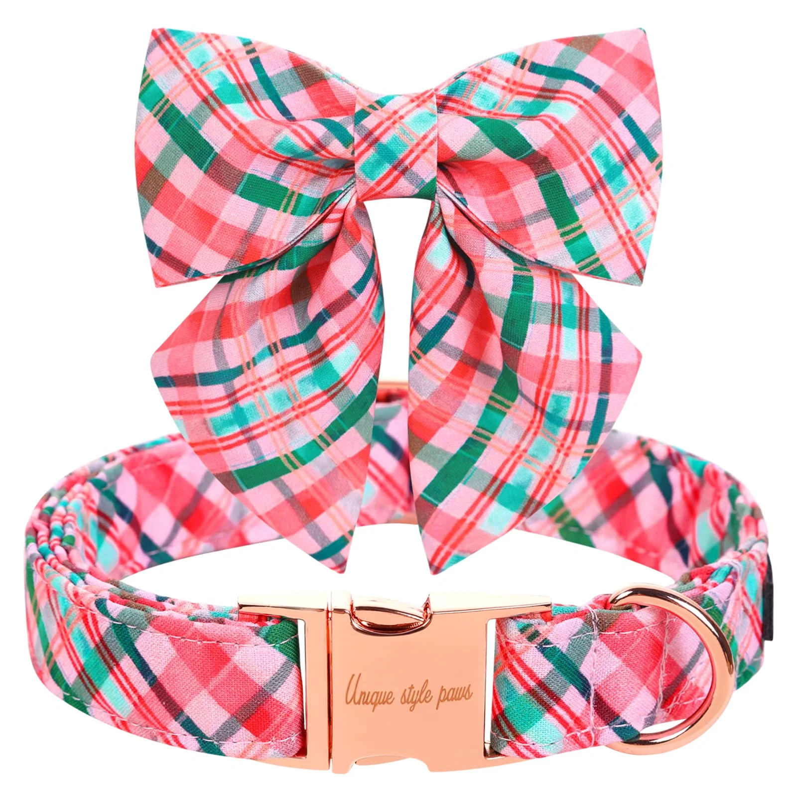 Authentic Unique Style Paws Dog Collar with Tie Pink Green Plaid Adjustable Removable Tie – XS