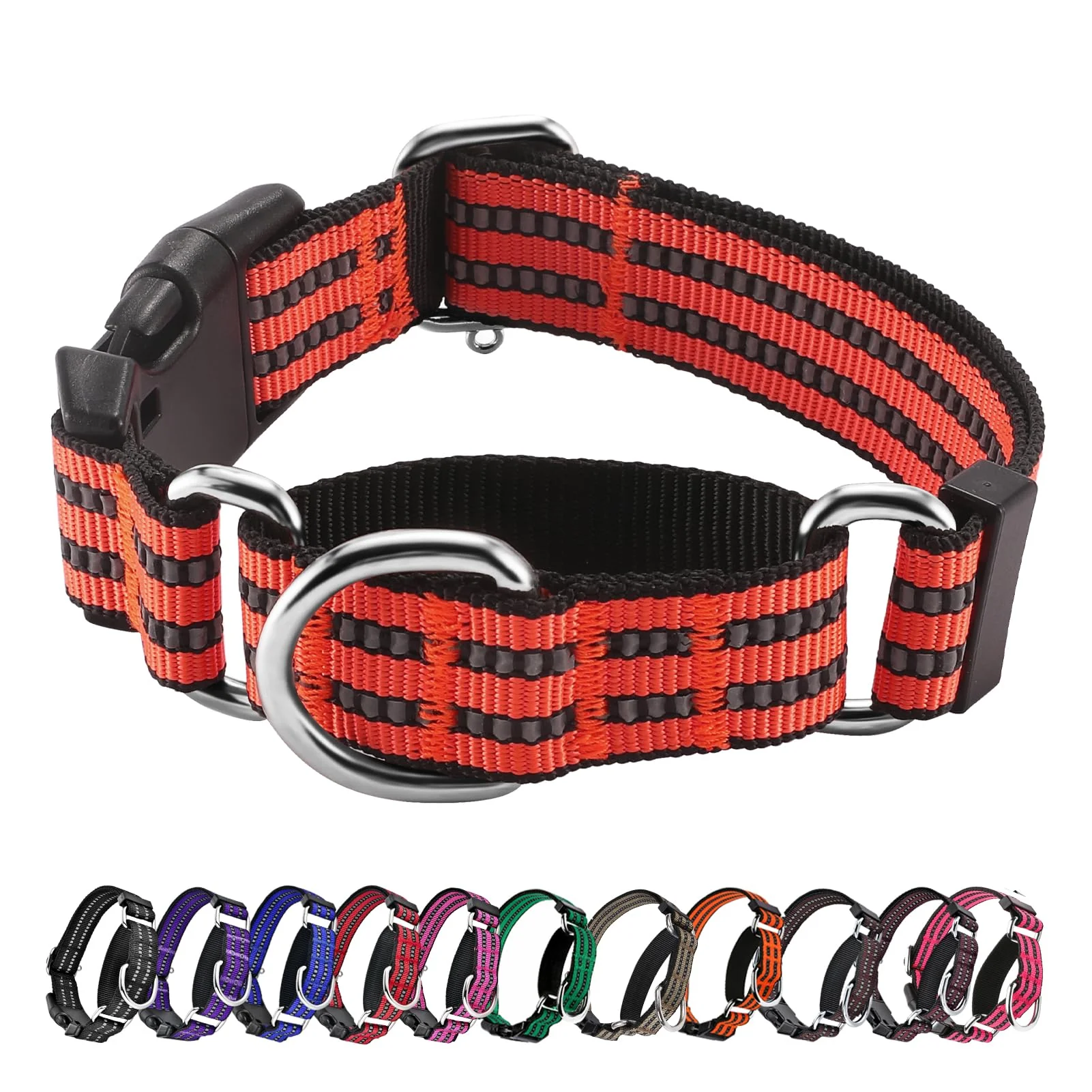 Sophisticated Hikiko Martingale Dog Collar – Reflective Nylon Quick Release Buckle Adjustable Large Tangerine Green