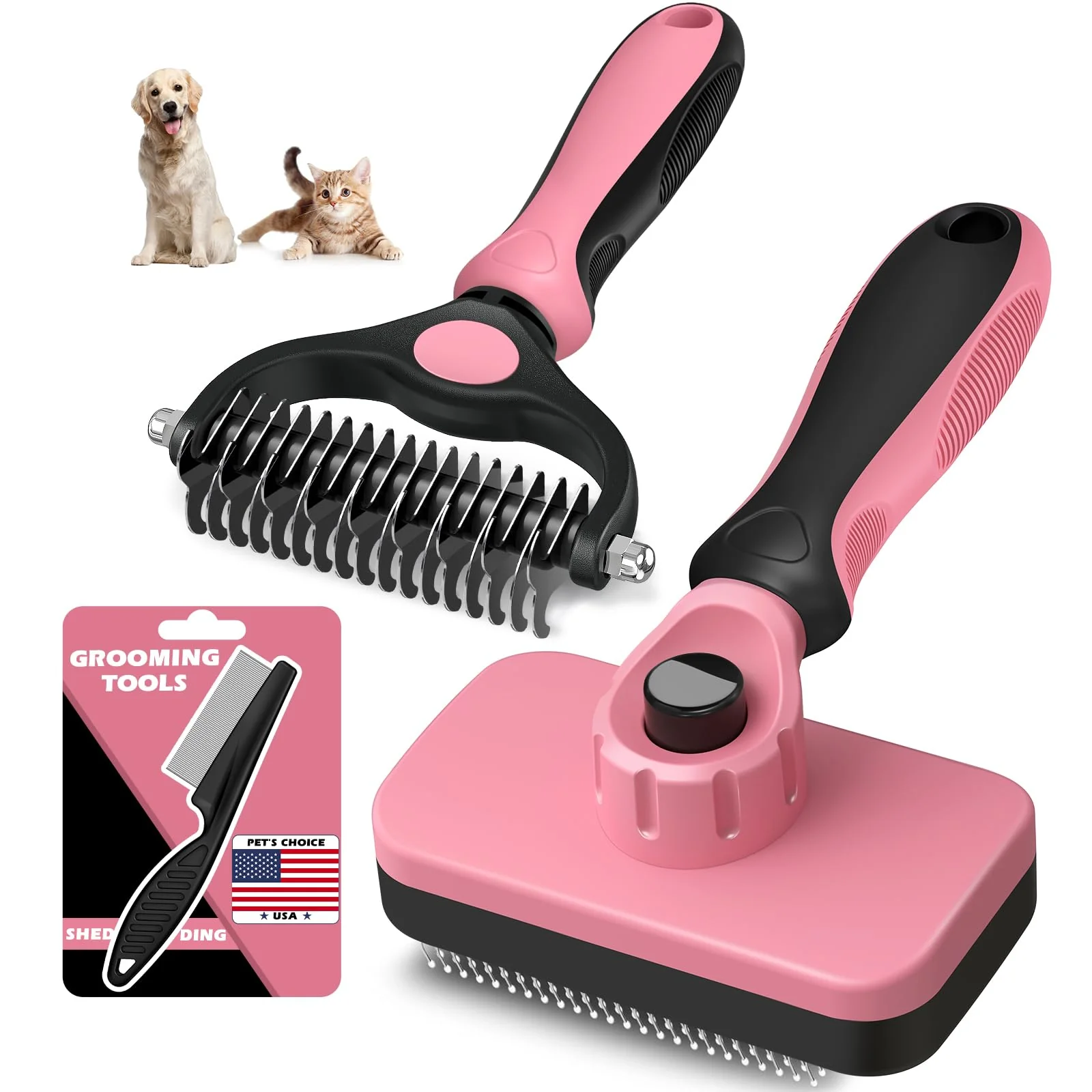Enhanced Augwind 3PCS Self-Cleaning Pet Grooming Kit — Slicker Brush Dematting Rake Flea Comb Light Pink Black Convenient