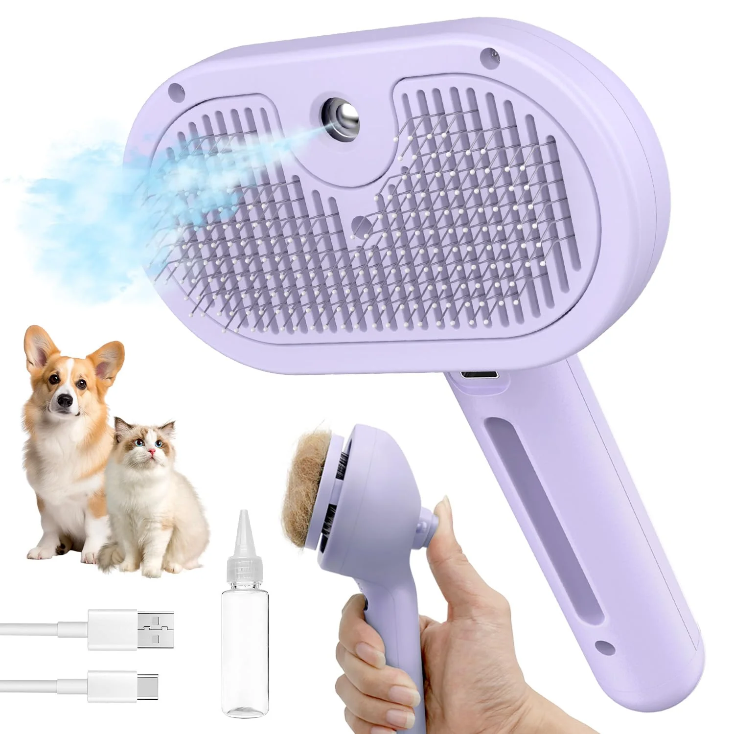 High-Quality HeroKitty Dog Brush for Shedding 3-in-1 Self-C Cleaning Steam Grooming Tool Purple Elite