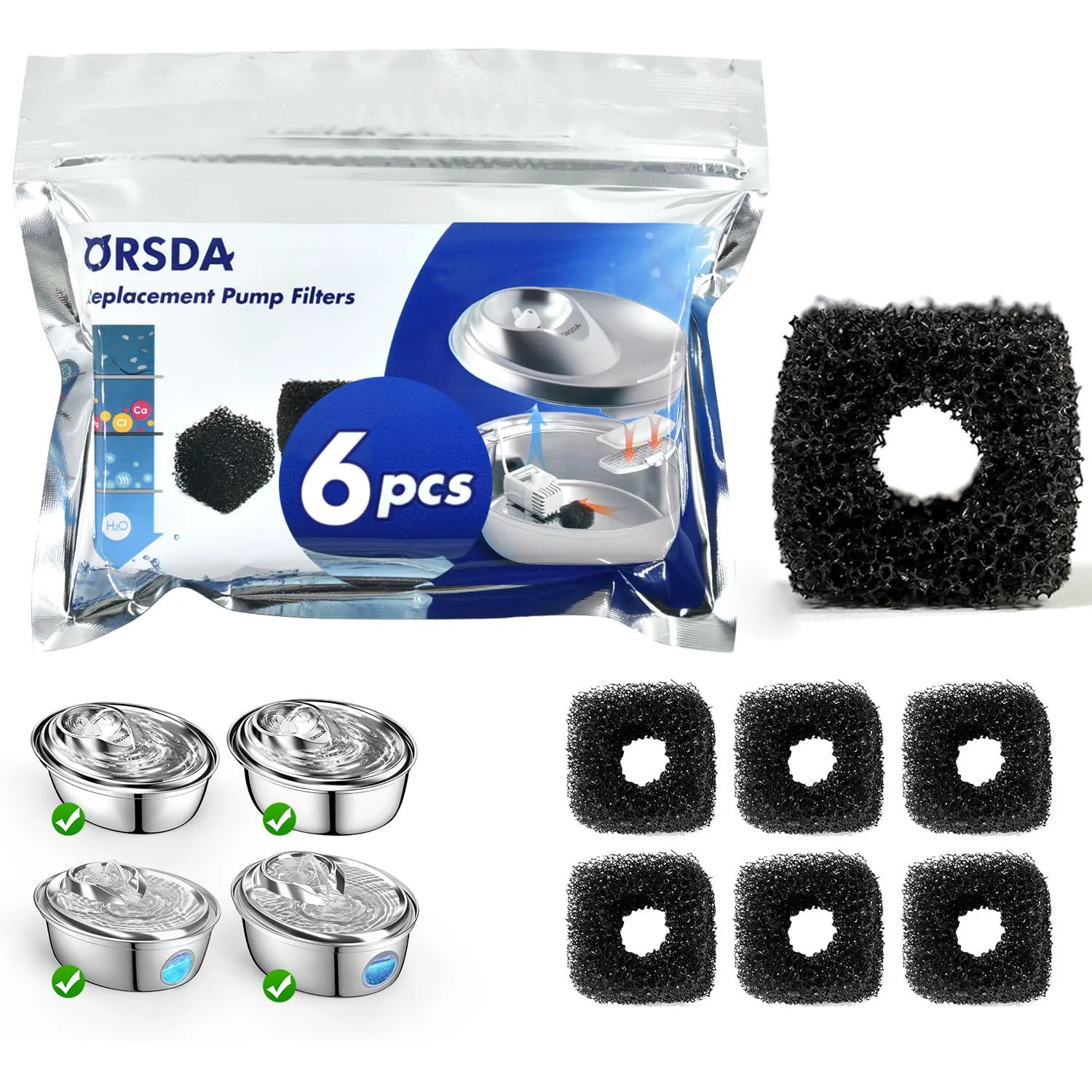 Premium Material ORSDA Pet Water Fountain Pump Filters – 6-Pack for ORSDA ZeePet Stainless Steel Fountains Next-Generation