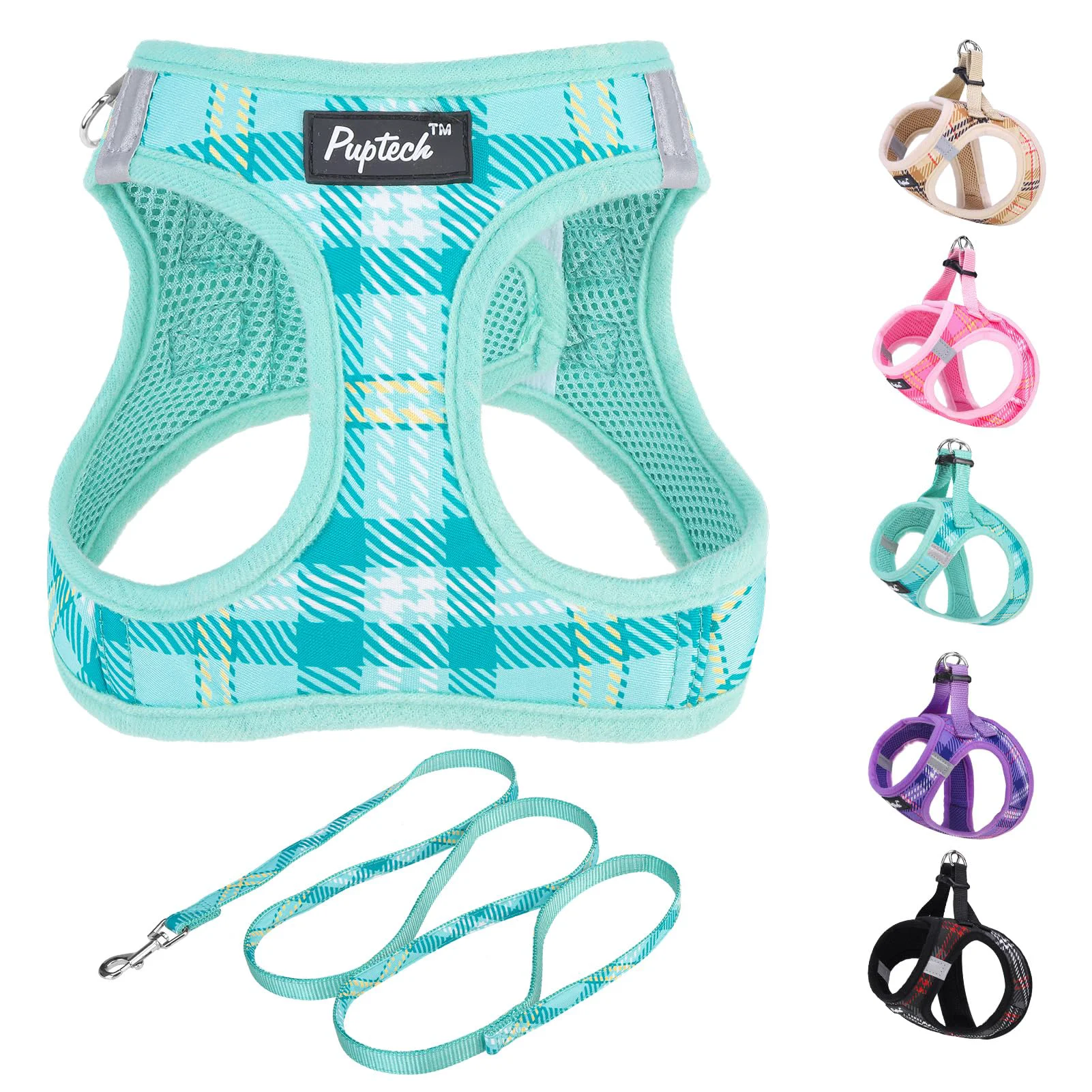Exclusive PUPTECK No-Pull Step-In Dog Harness Leash Set Green Plaid XS Modern