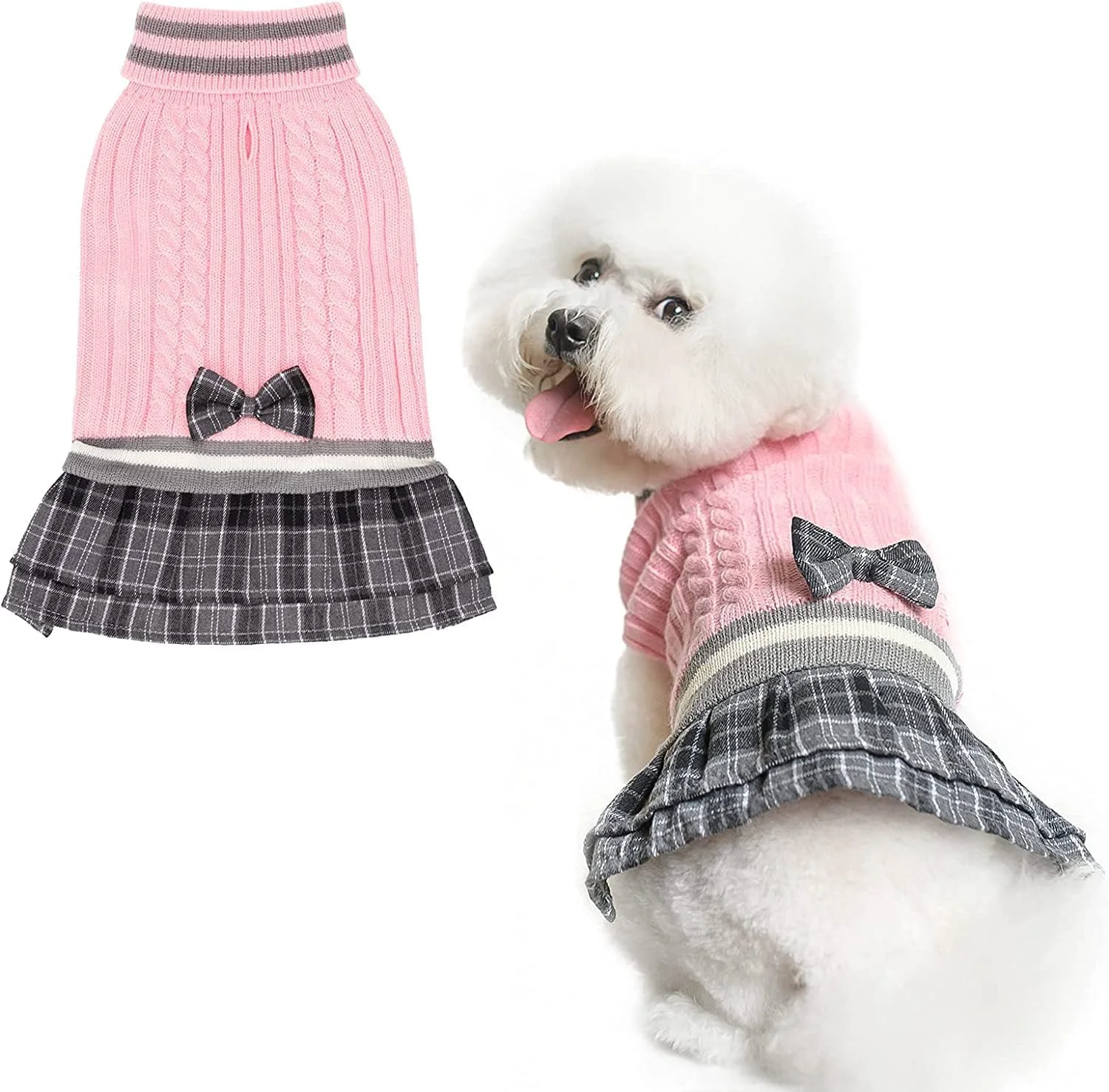 Versatile PAWCHIE Dog Sweater Dress with Bowtie – Cozy Turtleneck Knitwear for Small Medium Dogs Lightweight