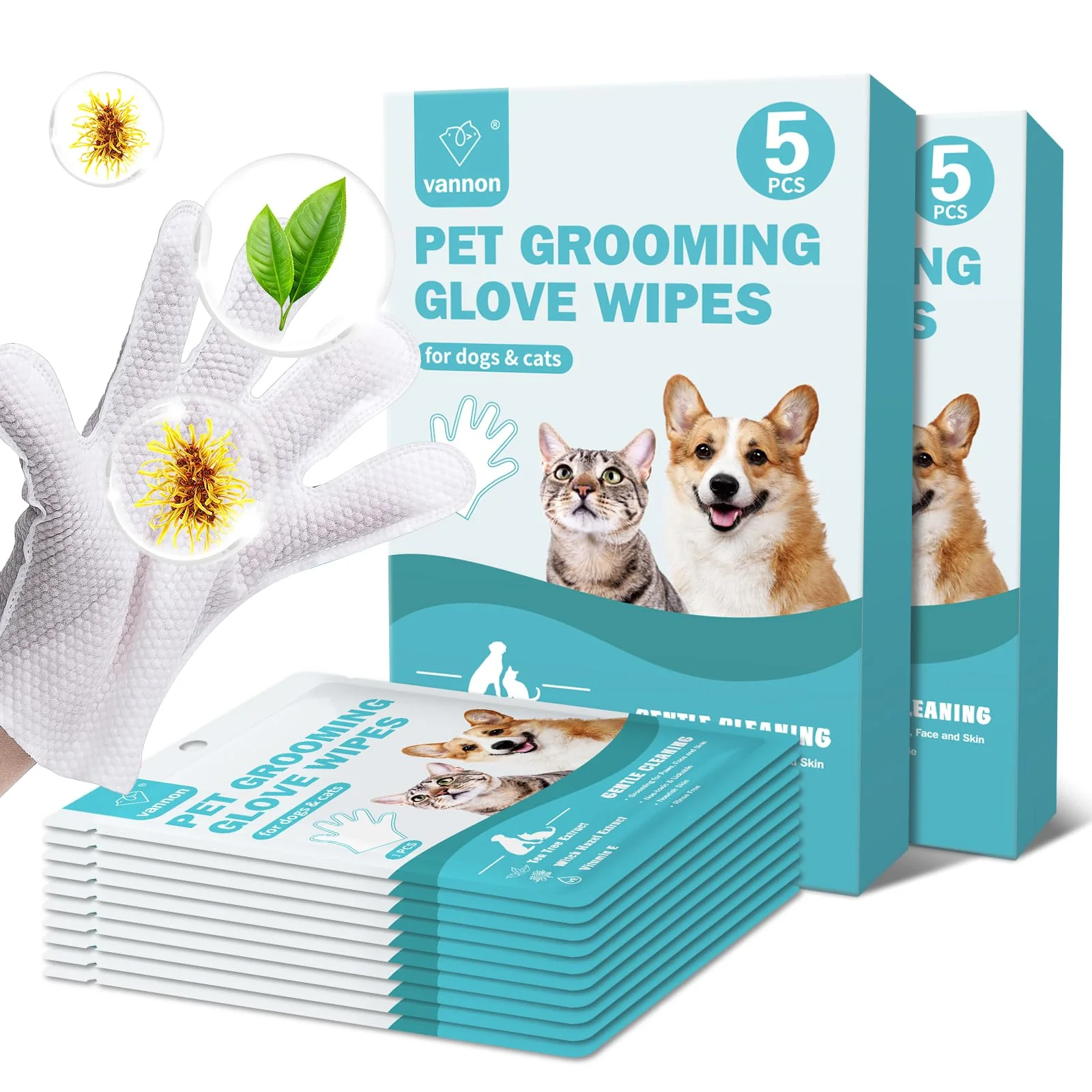 Prestigious Vannon Portable Pet Bathing Wipes for Dogs Cats – Rinse- Glove-Shaped Odor-Control Individually Packaged 5 Wipes per Box Innovative