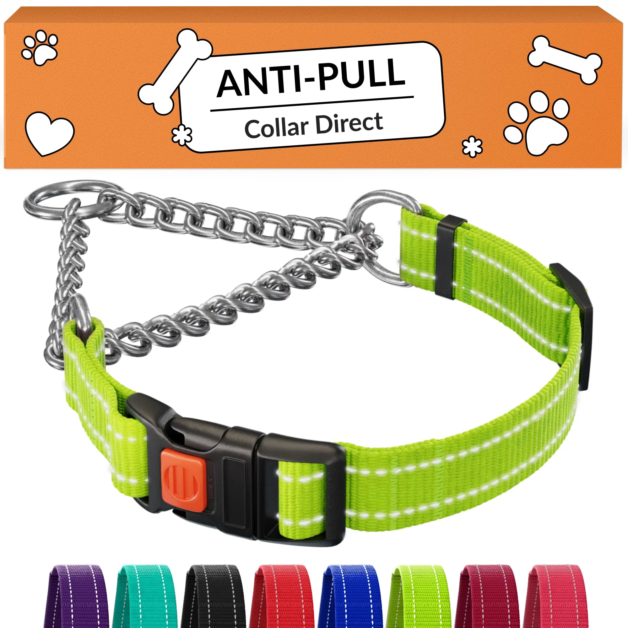 Traditional CollarDirect Martingale Dog Collar – Stainless Steel Chain Quick Release Buckle Lime Green Small 12–15 in Lightweight