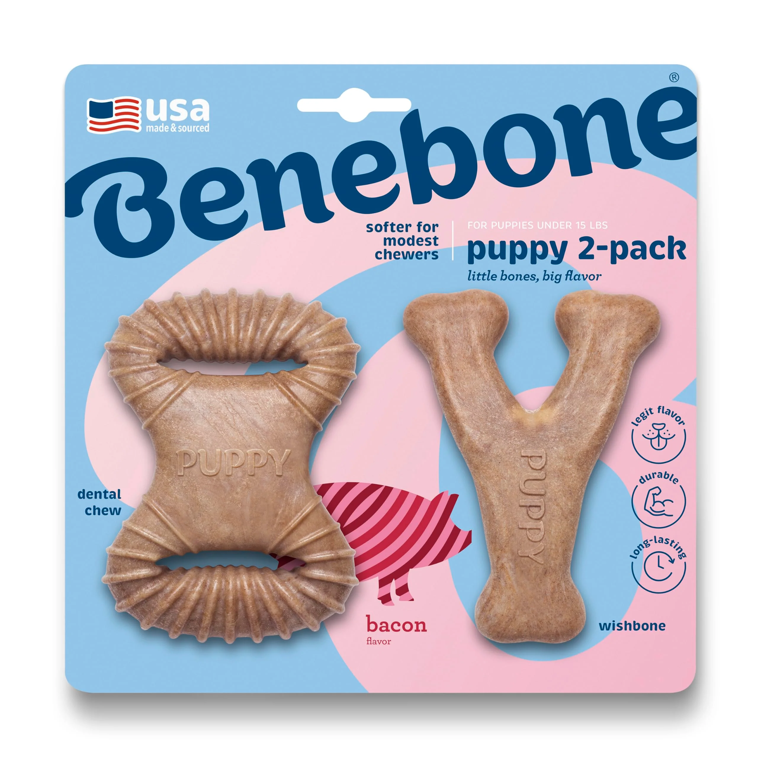 Selected Benebone Puppy 2-Pack Dental Chew Wishbone Dog Toys – Bacon Flavor – Made in USA Safe