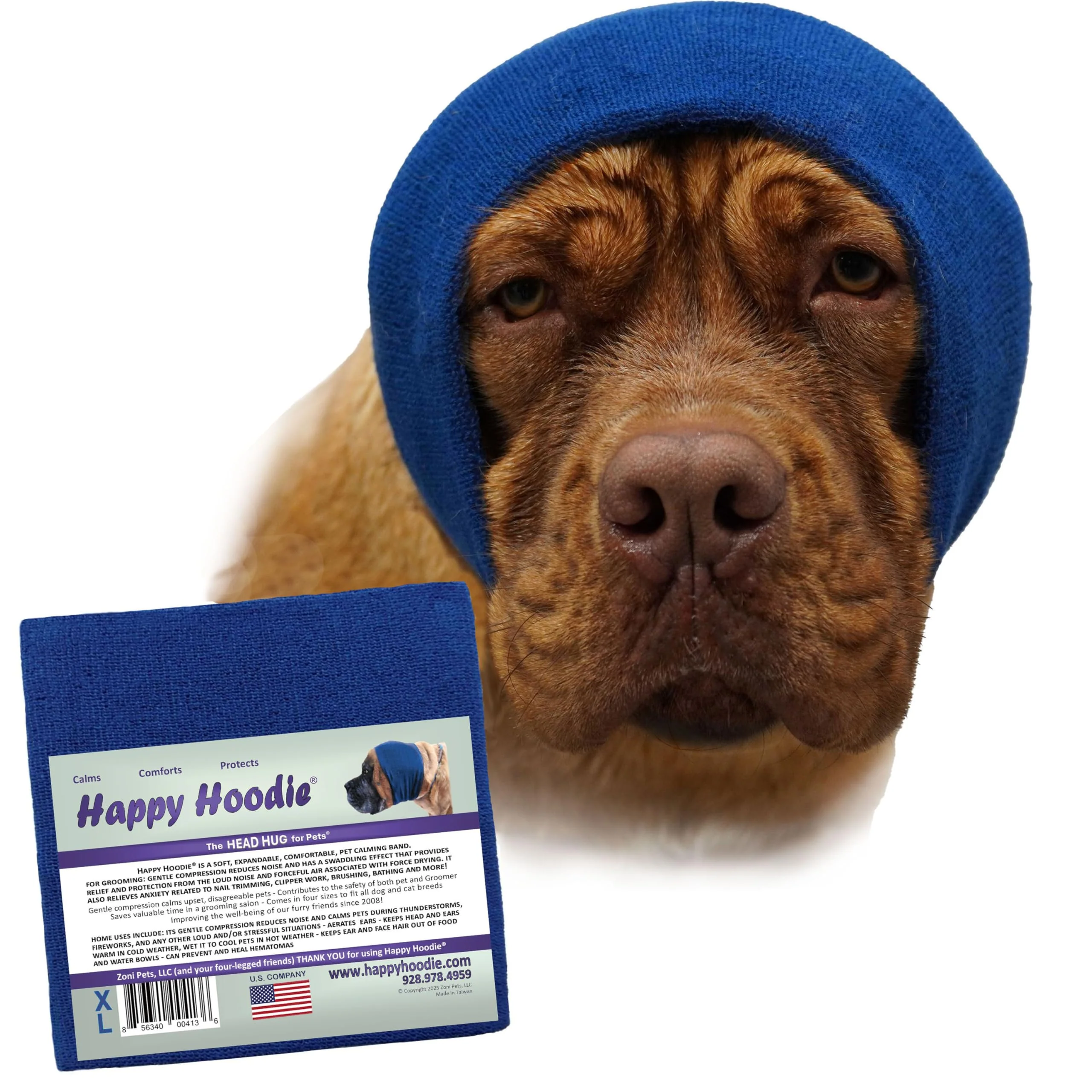 Original ZONI PETS Happy Hoodie – Dog Cat Calming Band Noise Protection Grooming X-Large Blue Advanced