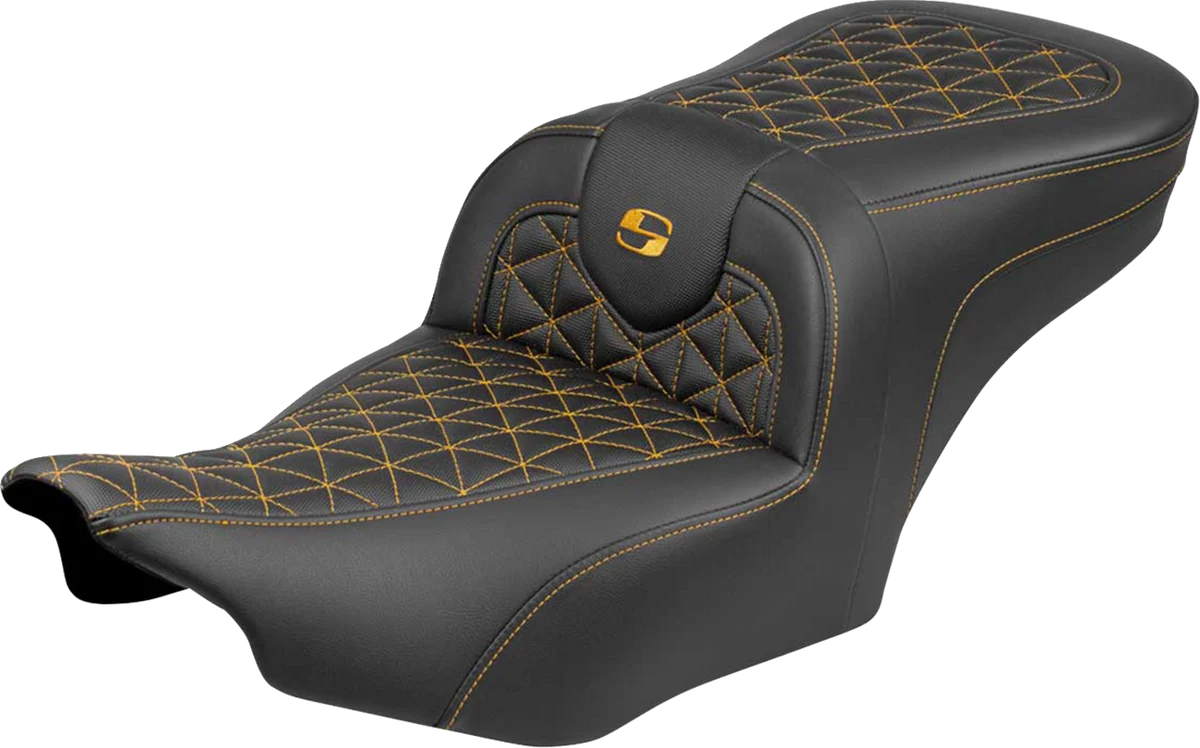 Premium Material SADDLEMEN Roadsofa™ Seat – without Backrest – Gold Stitch – FLH FLT ’23-’25 823-07-21007 Lightweight