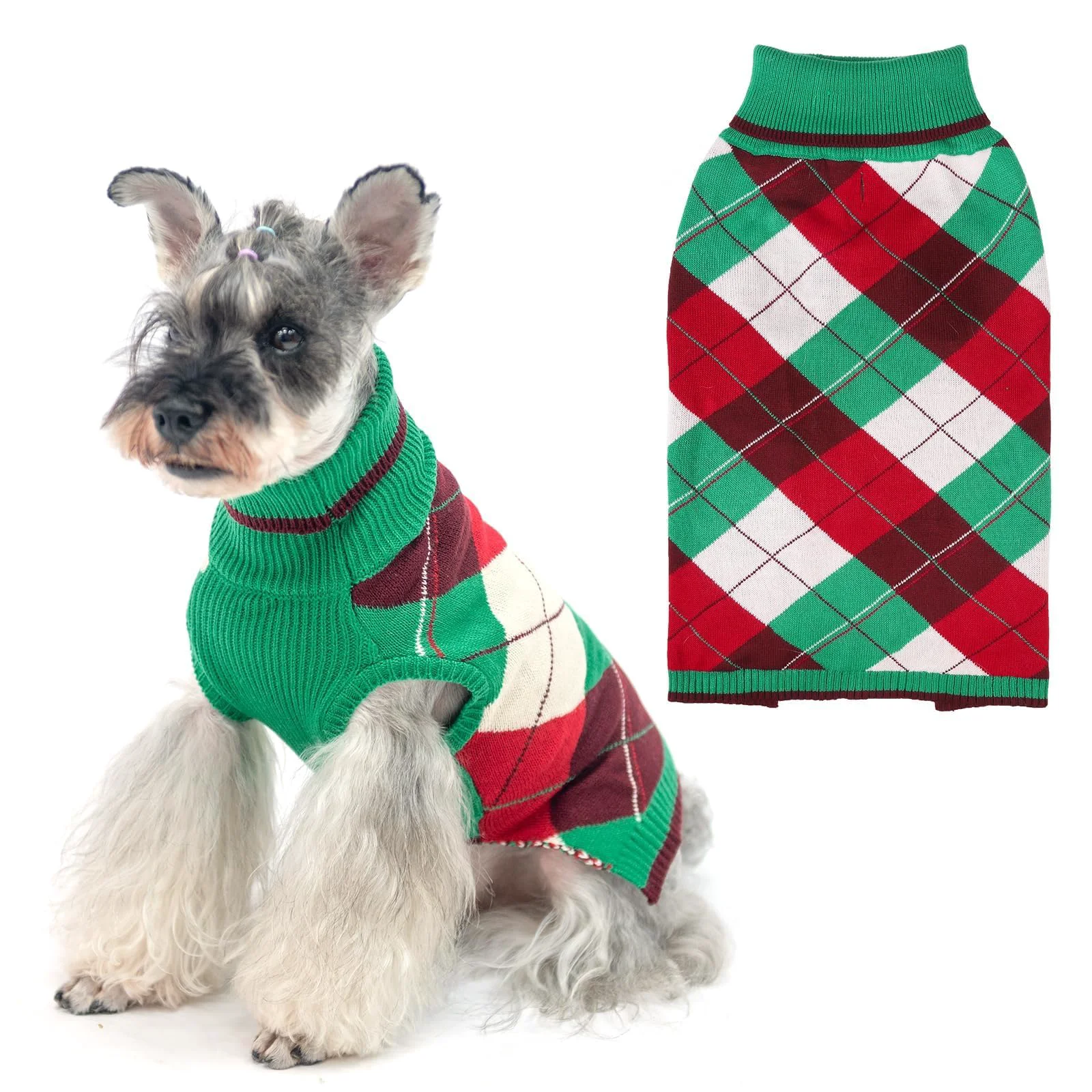 Efficient KOOLTAIL Dog Christmas Sweater – Classic Plaid Knit Turtleneck with Leash Hole Green Red Small Warm Winter Dogwear Powerful