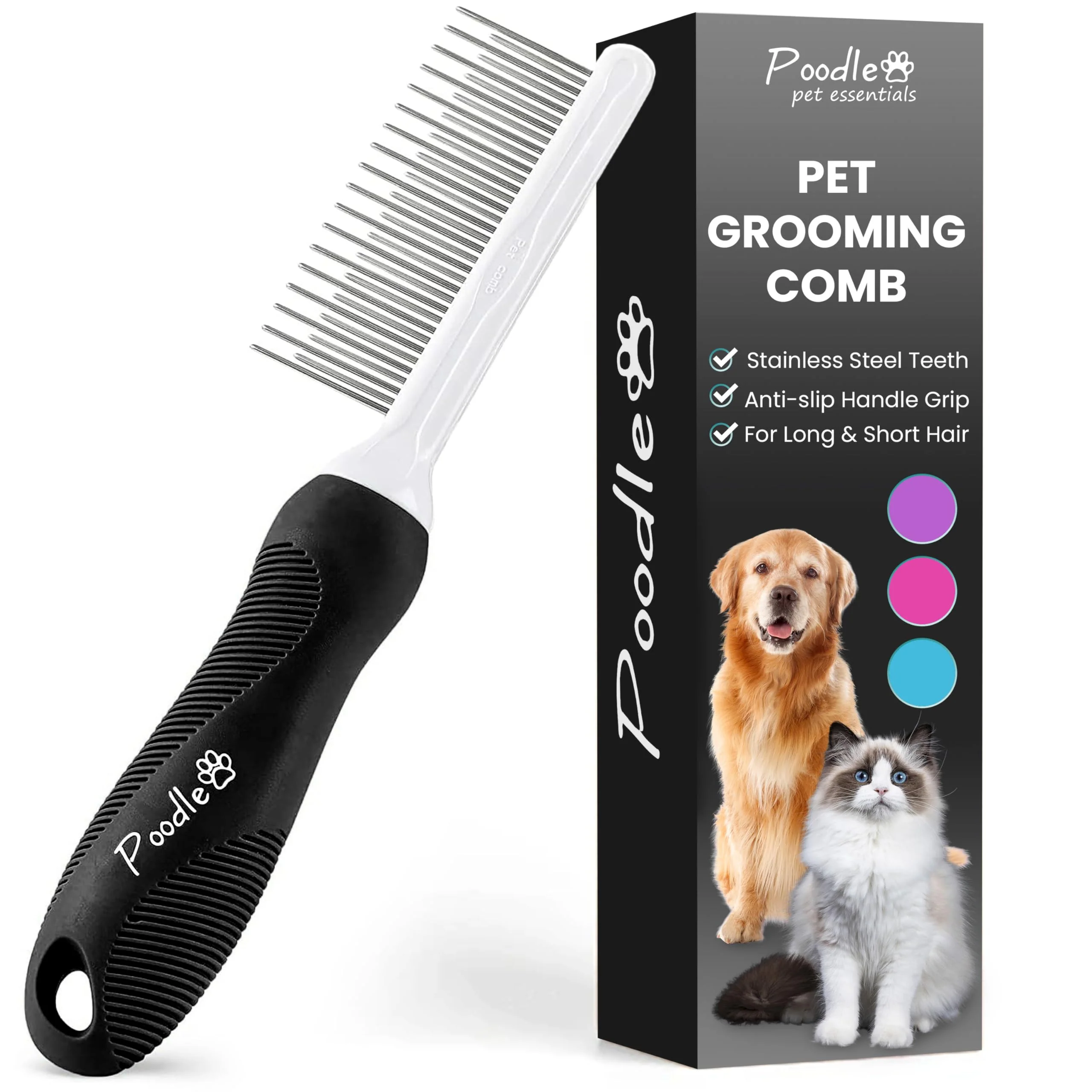 Comfortable POODLIE 2-in-1 Dematting Comb for Dogs Cats – Stainless Steel Teeth Anti-Slip Handle Reusable