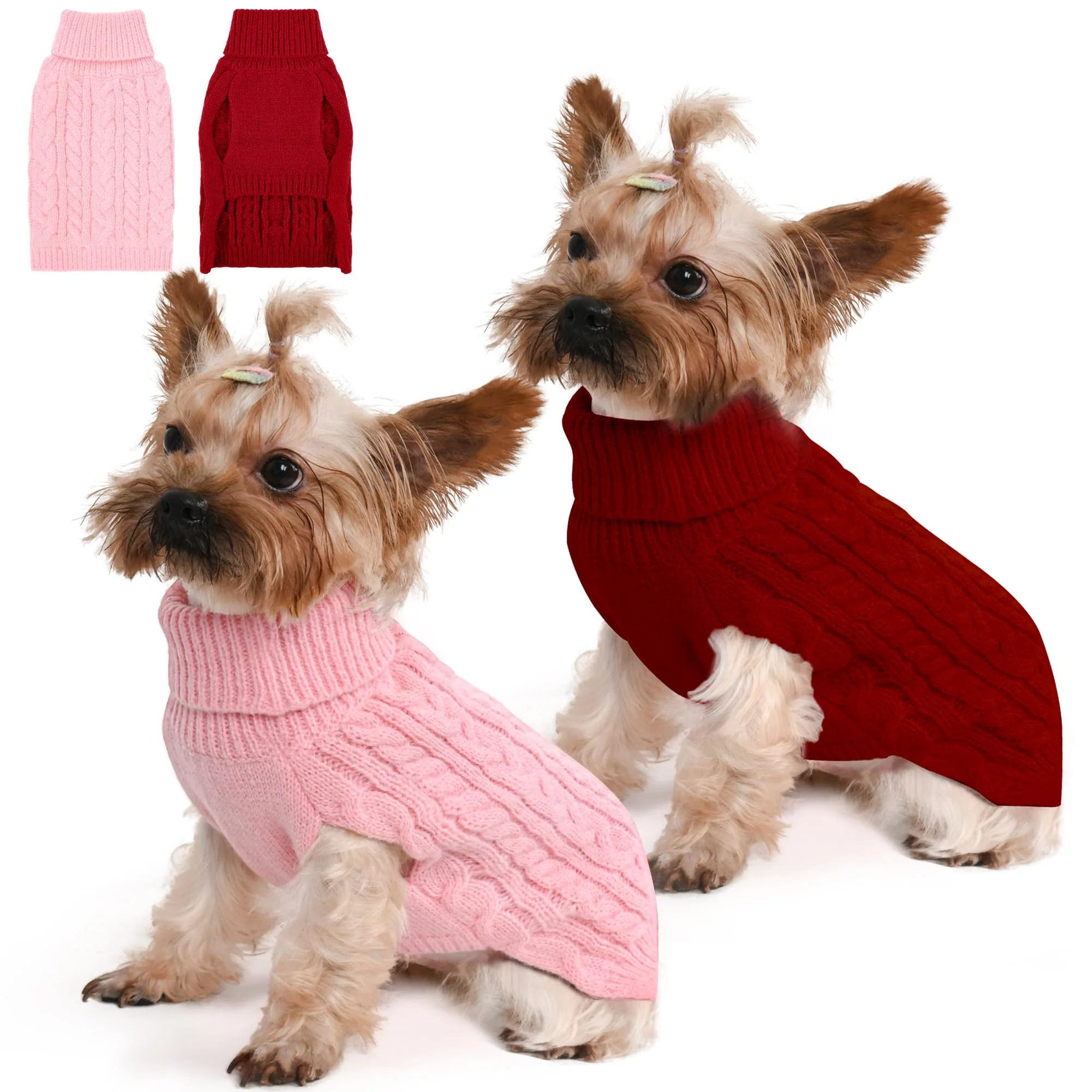 Stylish Lorehelina 2 Pack Small Dog Sweaters – Winter Cable Knit Turtleneck XS Pink Red Carefully Designed