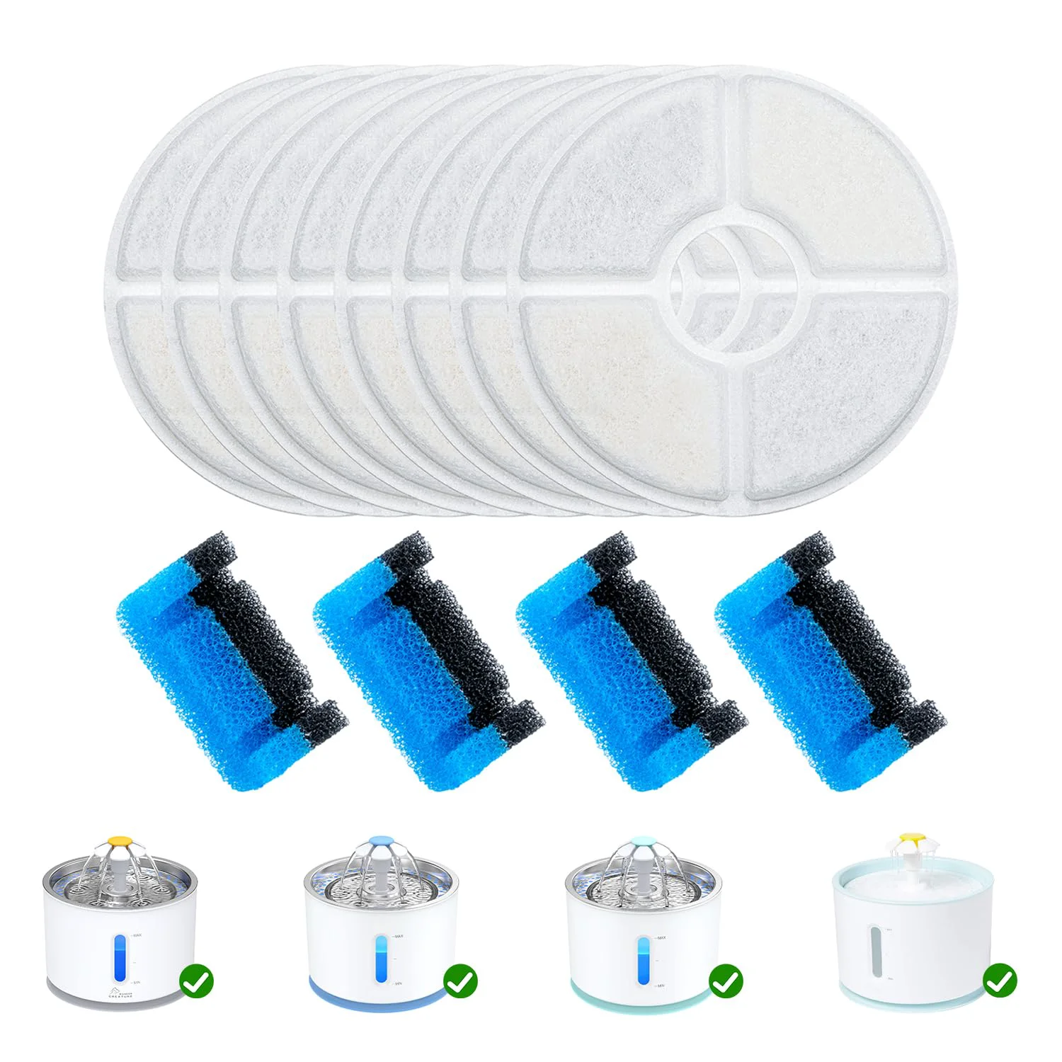 Official Wonder Creature Cat Water Fountain Filter – 8 Round Carbon Filters 4 Upgraded Pre-Filter Sponges for Round Stainless Steel Top Fountain Natural