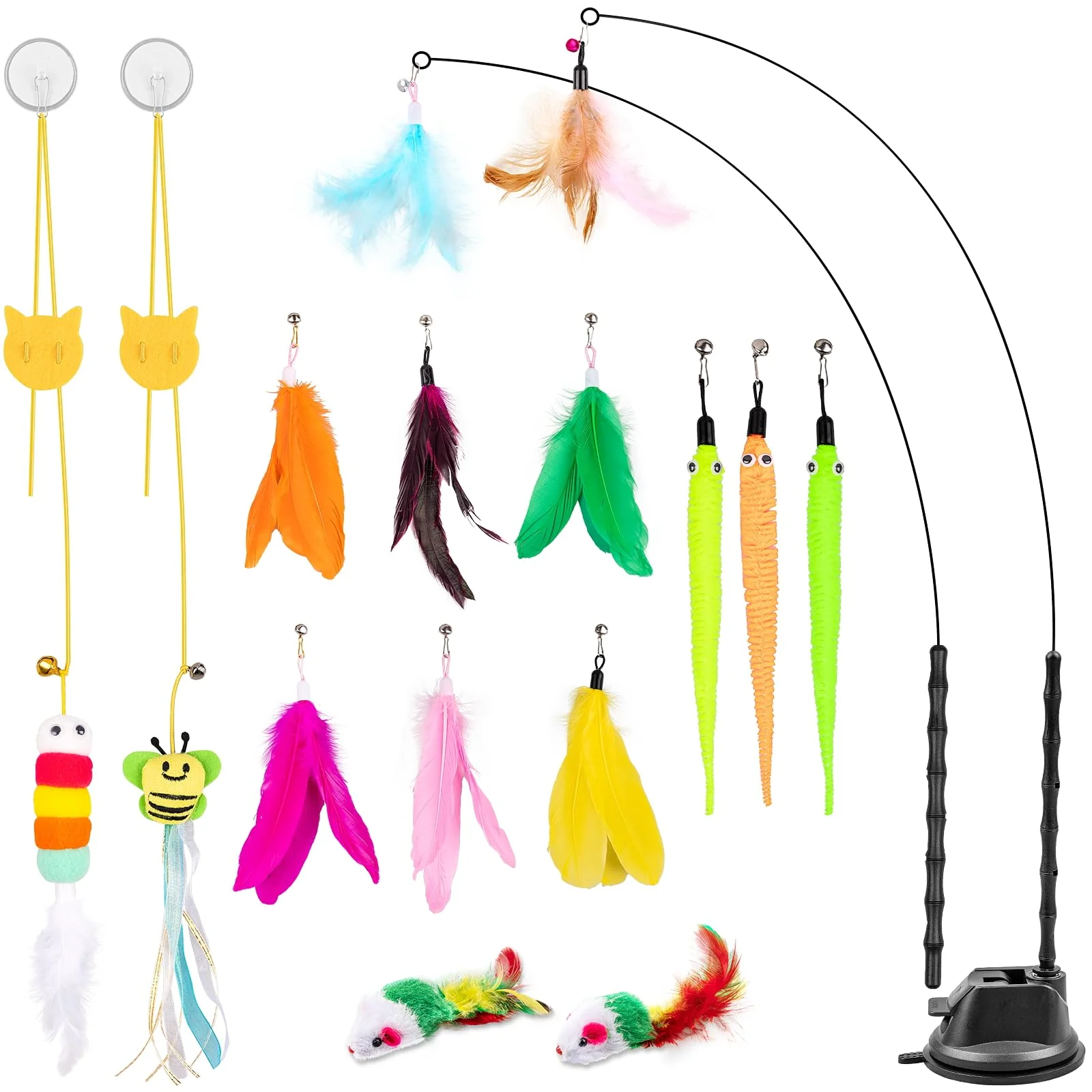 Elite Depets Cat Wand Toy – 15-Piece Interactive Feather Toys for Indoor Play 2 Modes Suction Cup Kitten Toys Advanced