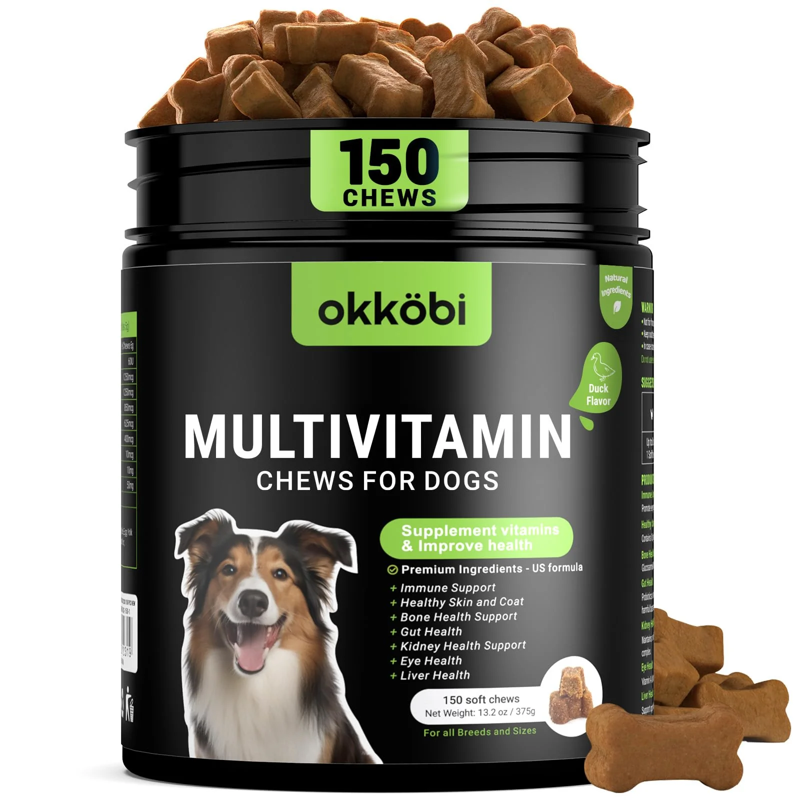 Innovative OKKÖBI 150-Dog Multivitamin Chews – Immune Joint Skin Gut Support Duck Functional