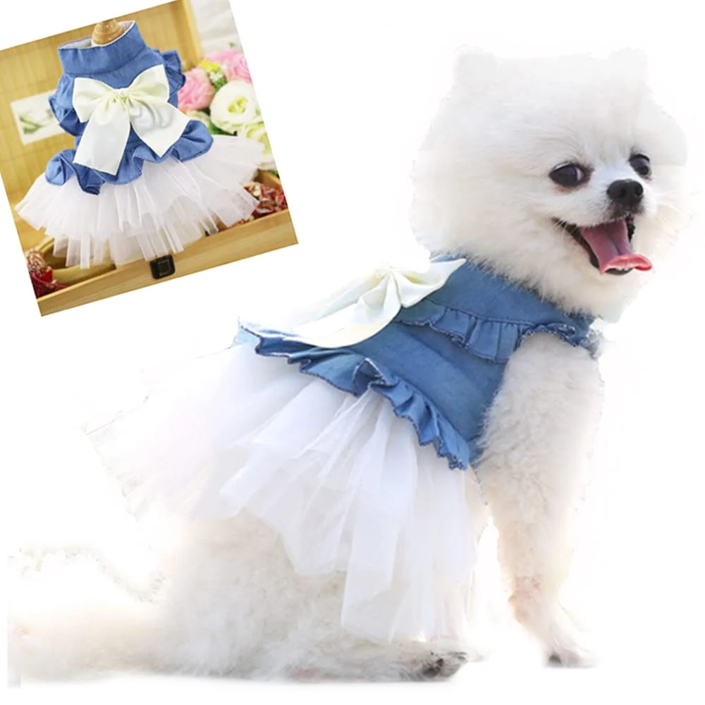 Superior ANIAC Blue Denim Small Dog Dress – White Lace Tutu Snap Closure Spring Summer Crafted