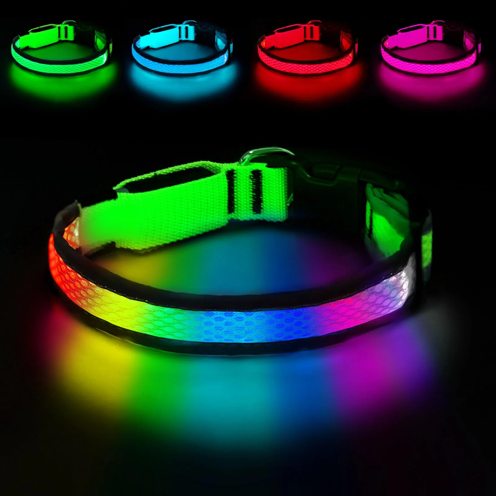 Versatile PWOD LED Dog Collar – USB Rechargeable 7-Color RGB Light Up Collar for Medium Large Dogs Green Environmentally Friendly