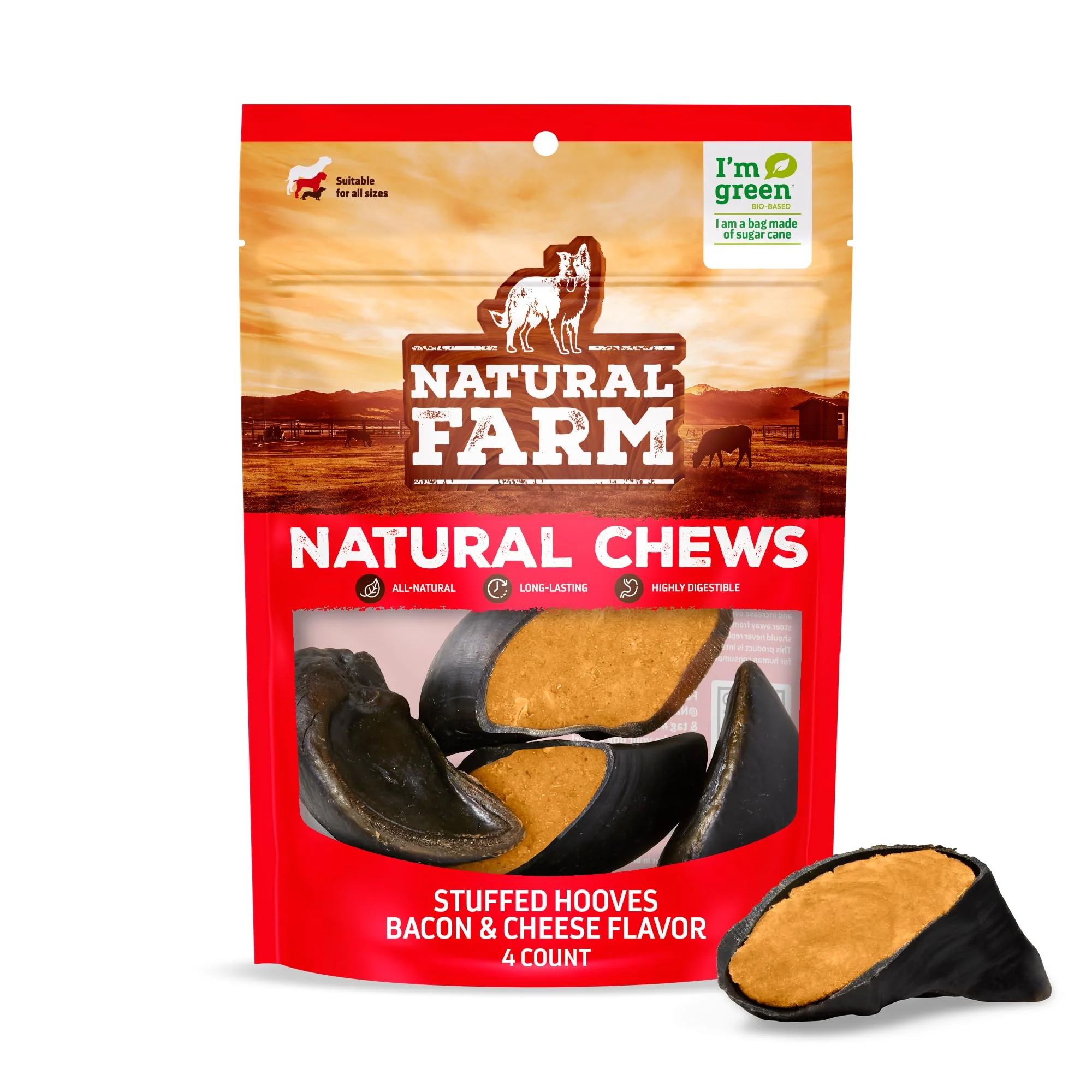 Enhanced Natural Farm Bacon Cheese Flavor Filled Cow Hooves for Dogs 4-Pack – Long-Lasting Natural Chews Organic