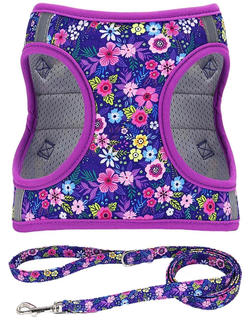 Stylish Moonpet Step-In Harness Leash Set – All-Weather Floral Reflective Padded Mesh XS Dark Flower Carefully Designed