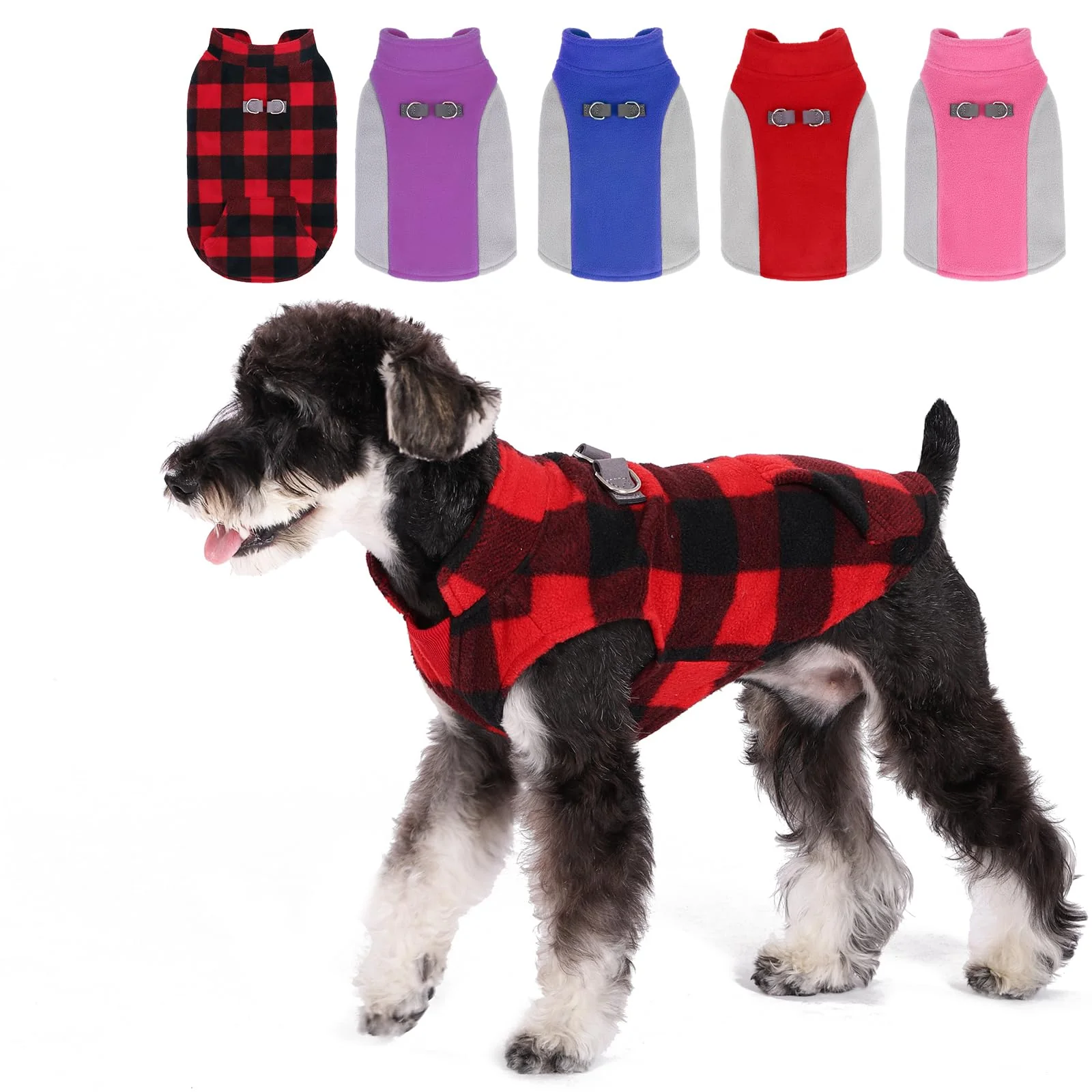 Healthy KOOLTAIL Dog Fleece Vest Sweater – Red Plaid Coat with Pocket Dual Leash D-Ring Size M Eco-Friendly
