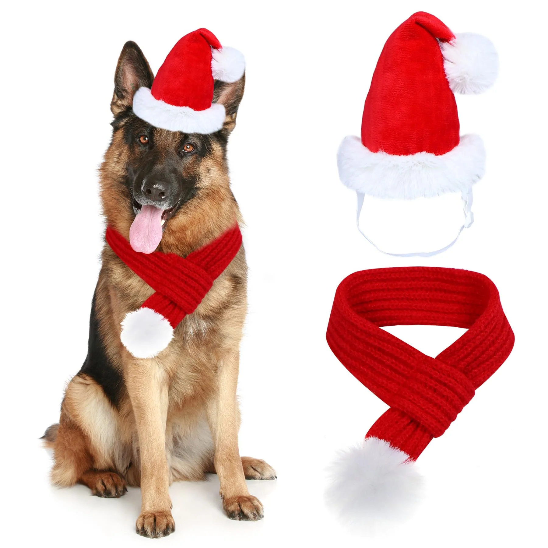 Premium GOYOSWA Dog Christmas Santa Hat Scarf — Adjustable Knit Outfit for All Sizes Versatile
