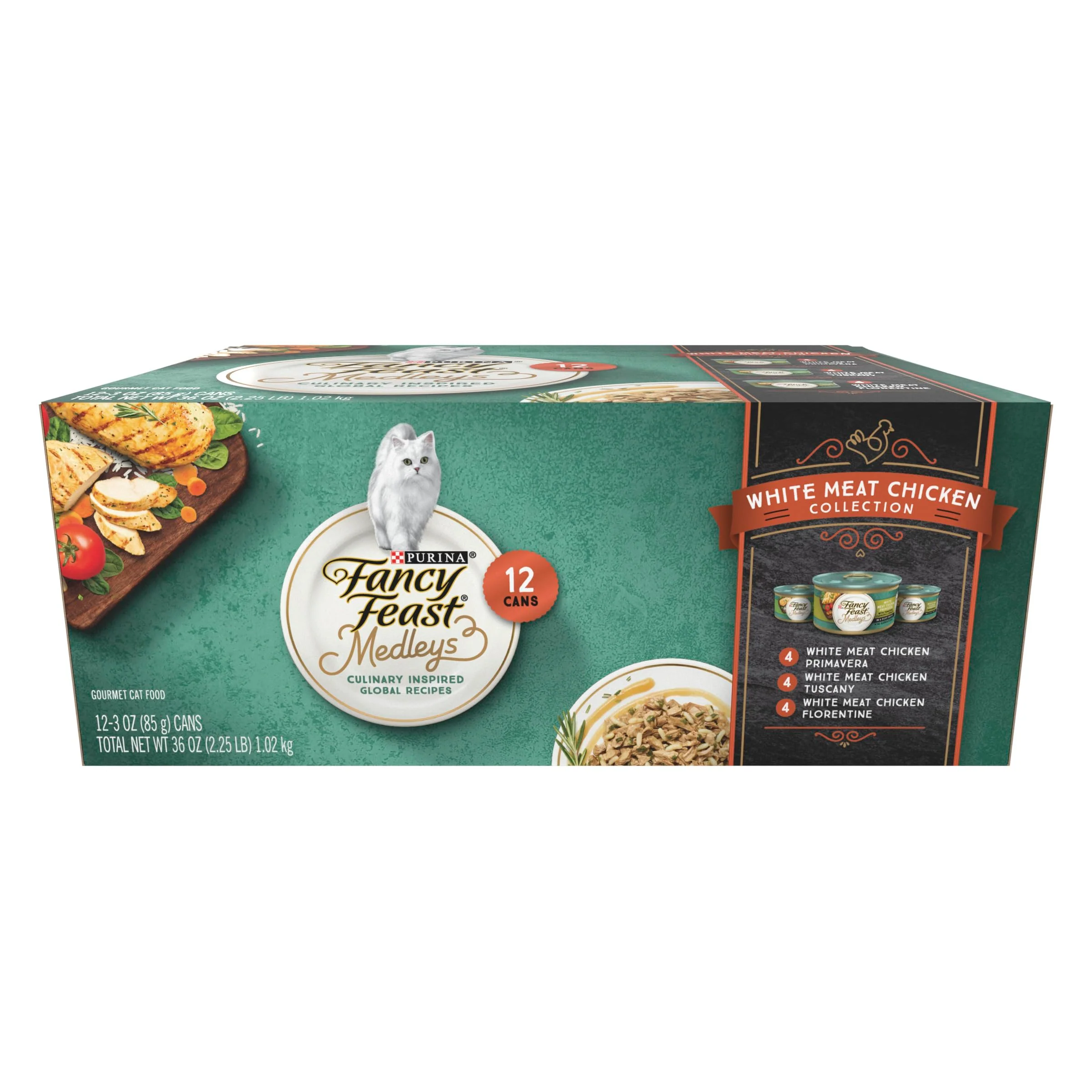 Traditional Purina Fancy Feast Medleys White Meat Chicken Variety Pack – 12 Cans 3 oz in Sauce Reusable