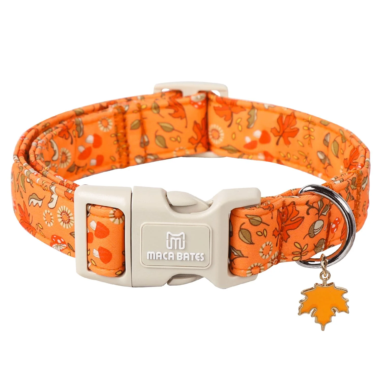 Prestigious Maca Bates Fall Dog Collar with Maple Leaf Charm – Orange Autumn Print Adjustable Safety Buckle Clean
