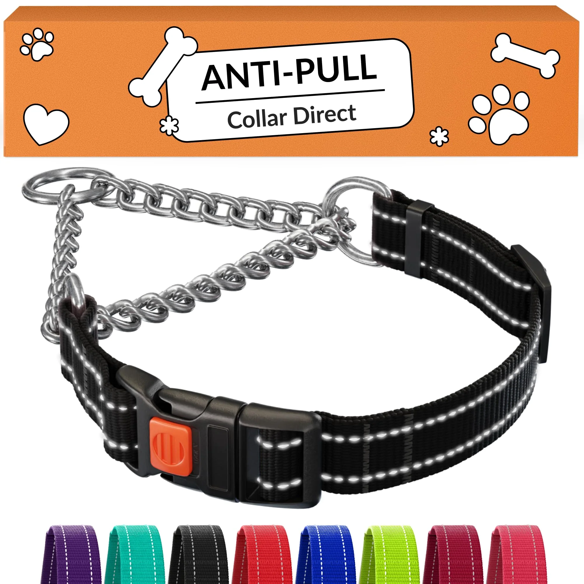 Proven CollarDirect Martingale Dog Collar — Reflective Stainless Steel Chain Quick-Release Buckle Medium Neck 14-17 inches Stylish