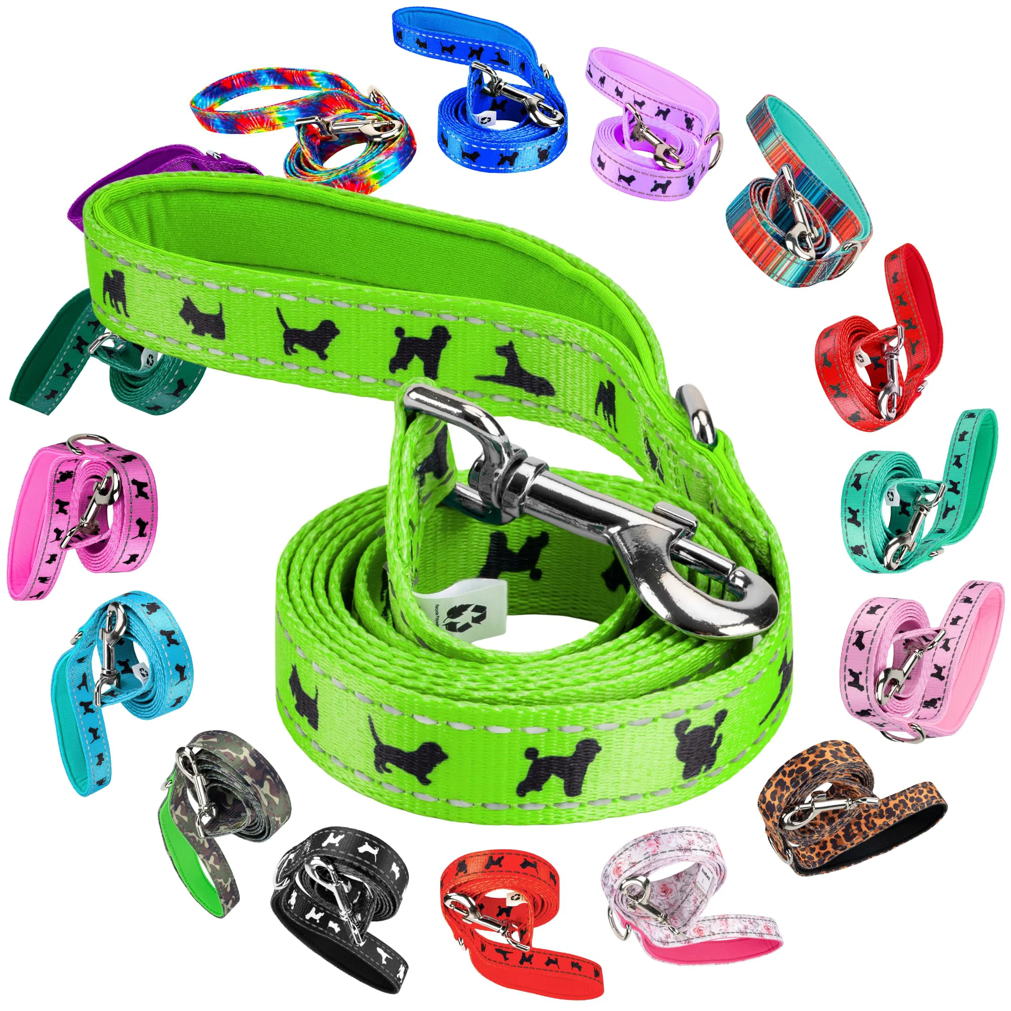 Environmentally Friendly EcoBark Dog Leash — Soft Reflective Padded Handle Green for All Sizes Classic