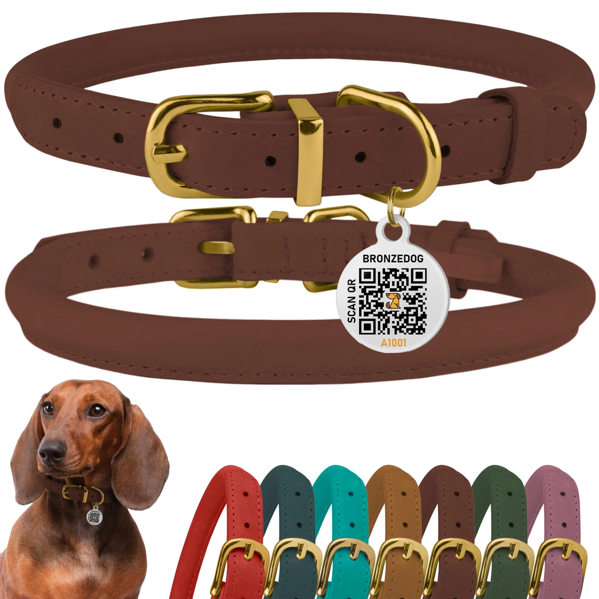 Versatile BronzeDog Rolled Leather Collar with QR ID Tag – Cognac Brown 9-11 in neck Smart
