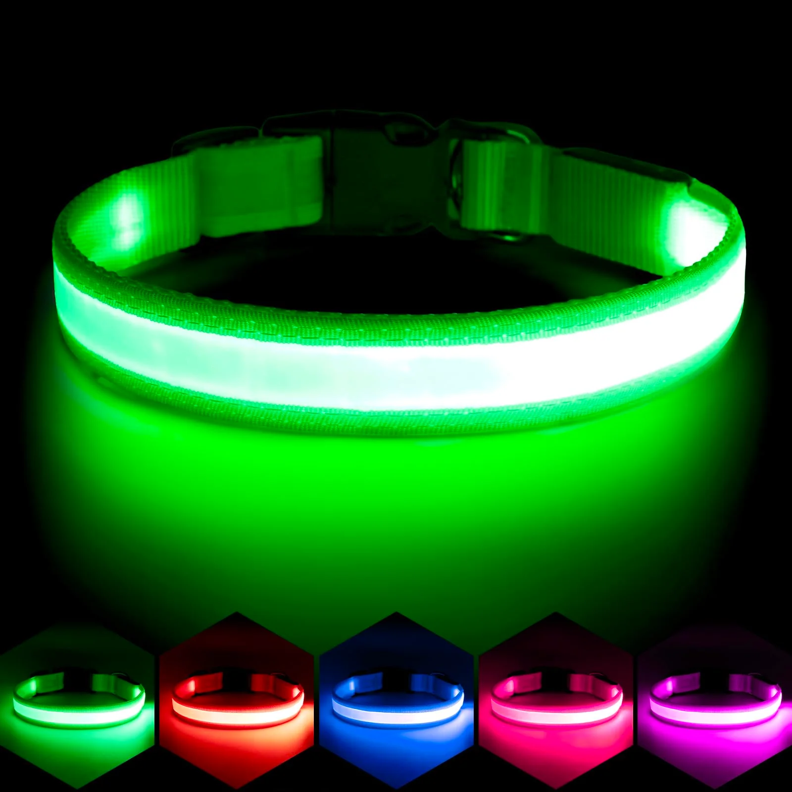 Relaxed Vizpet LED Dog Collar — Adjustable USB Rechargeable Green Collar for Medium Dogs Organic