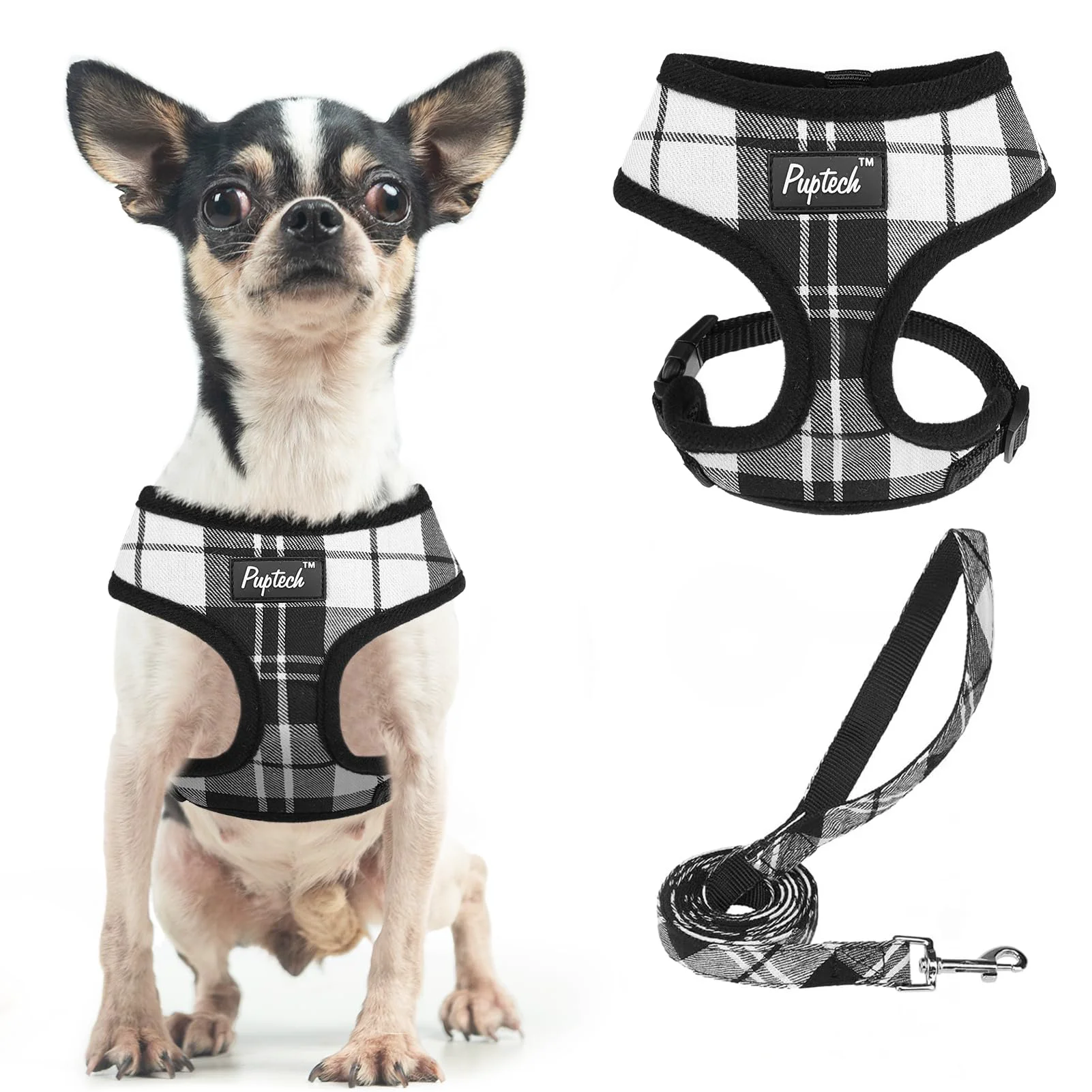 Efficient PUPTECK Soft Mesh Dog Harness Leash Set – Plaid No-Pull Vest XS Refined