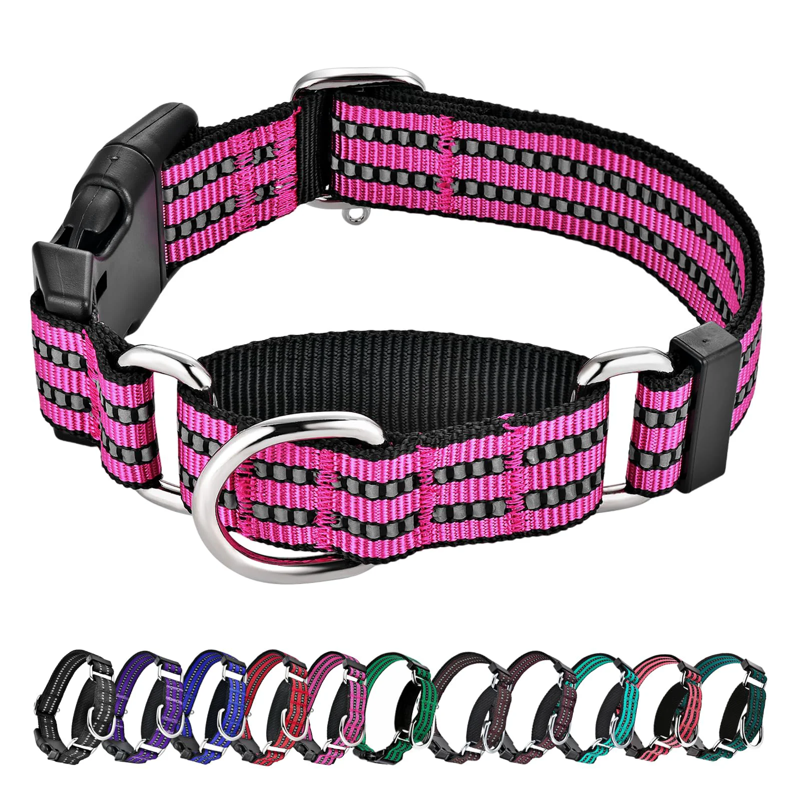 Artisan Hikiko Martingale Dog Collar – Reflective Nylon Quick Release Buckle Adjustable No-Slip Large Pink Secure