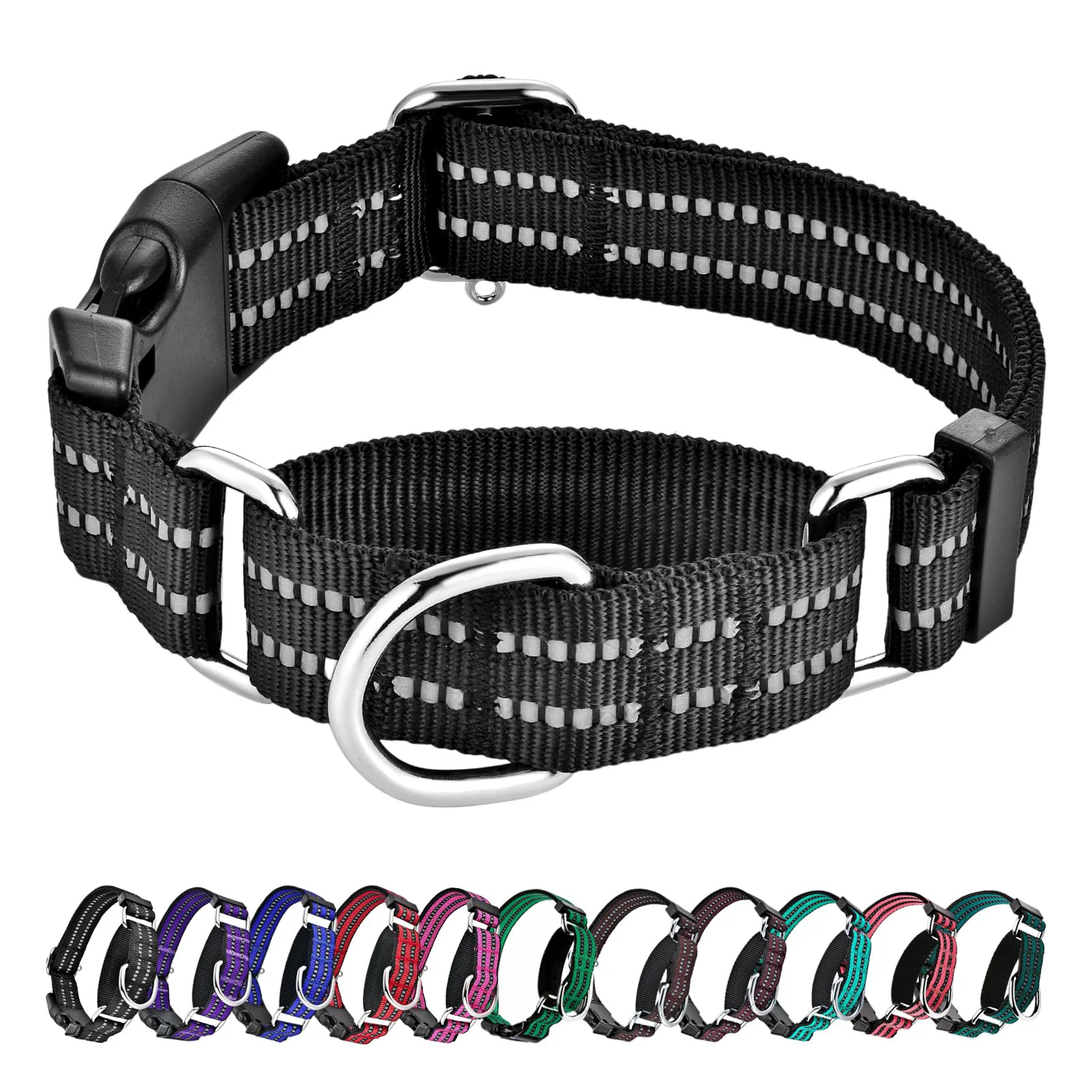 Fine Hikiko Martingale Collar for Dogs — Reflective Nylon Quick-Release Buckle Adjustable No-Slip Training Medium Black Healthy