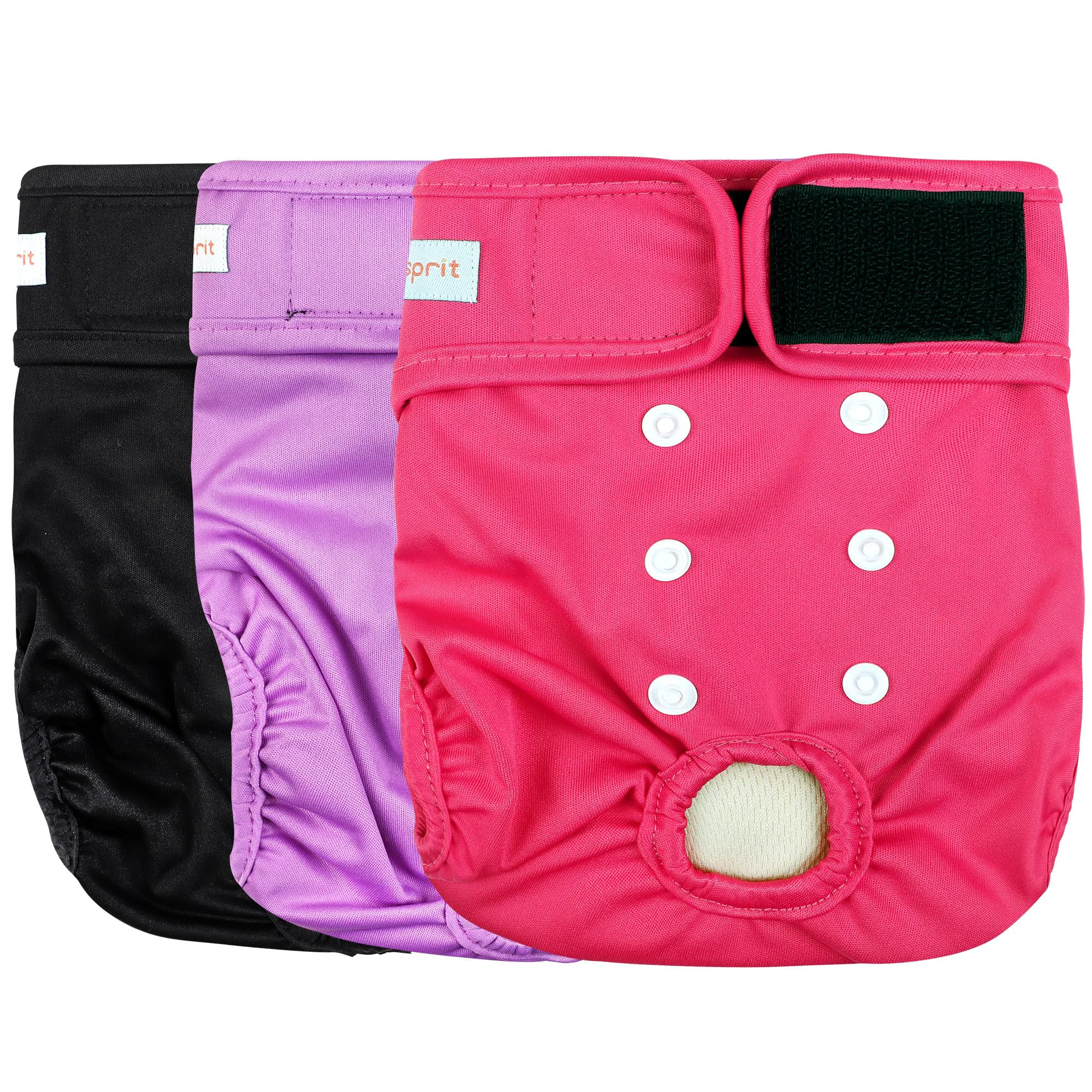 Casual Langsprit Washable Female Dog Diapers 3 Pack – No Leak Reusable Diapers for Female Dogs in Heat – Adjustable Snaps Black Pink Purple – Medium Dependable