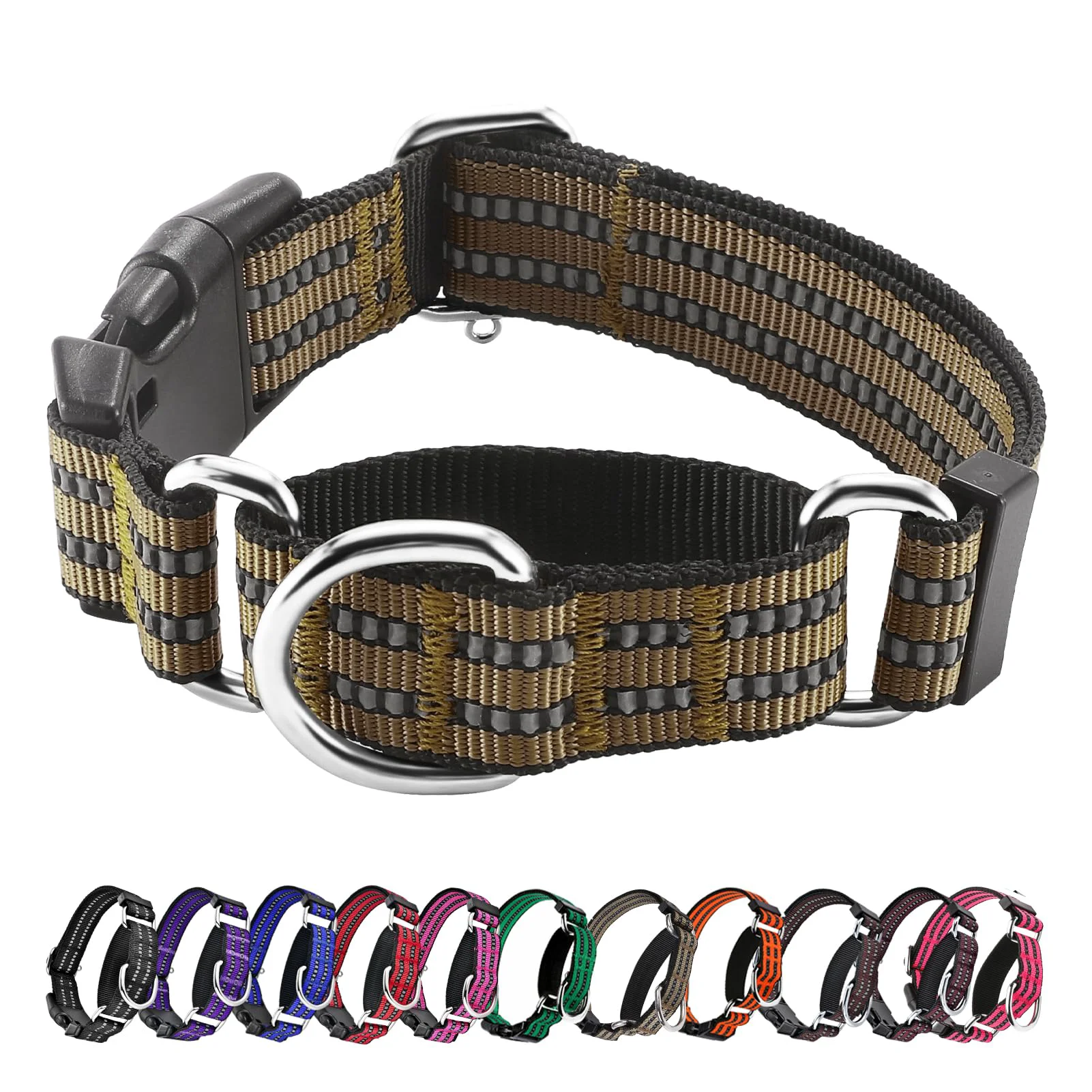 Soft Hikiko Martingale Dog Collar — Reflective Nylon Quick-Release Buckle Adjustable Training Collar Medium Brown Artisan