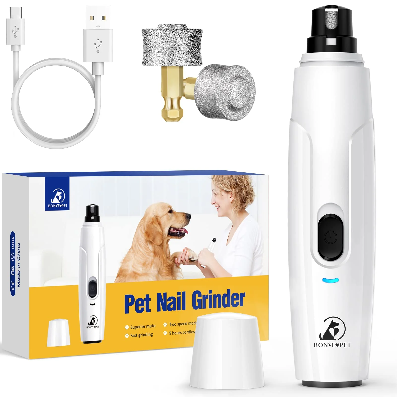 Reusable Bonve Pet Nail Grinder for Dogs – Upgraded Quiet 2-Speed USB Rechargeable 2 Grinding Wheels Efficient