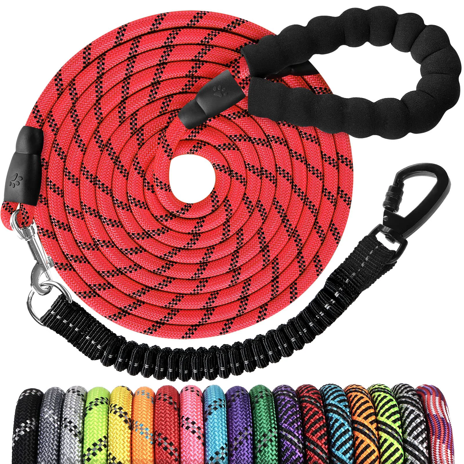 Relaxed Jenico Long Dog Leash 20ft – Heavy-Duty Rope Reflective Bungee Padded Handle Swivel Hook Red Premium