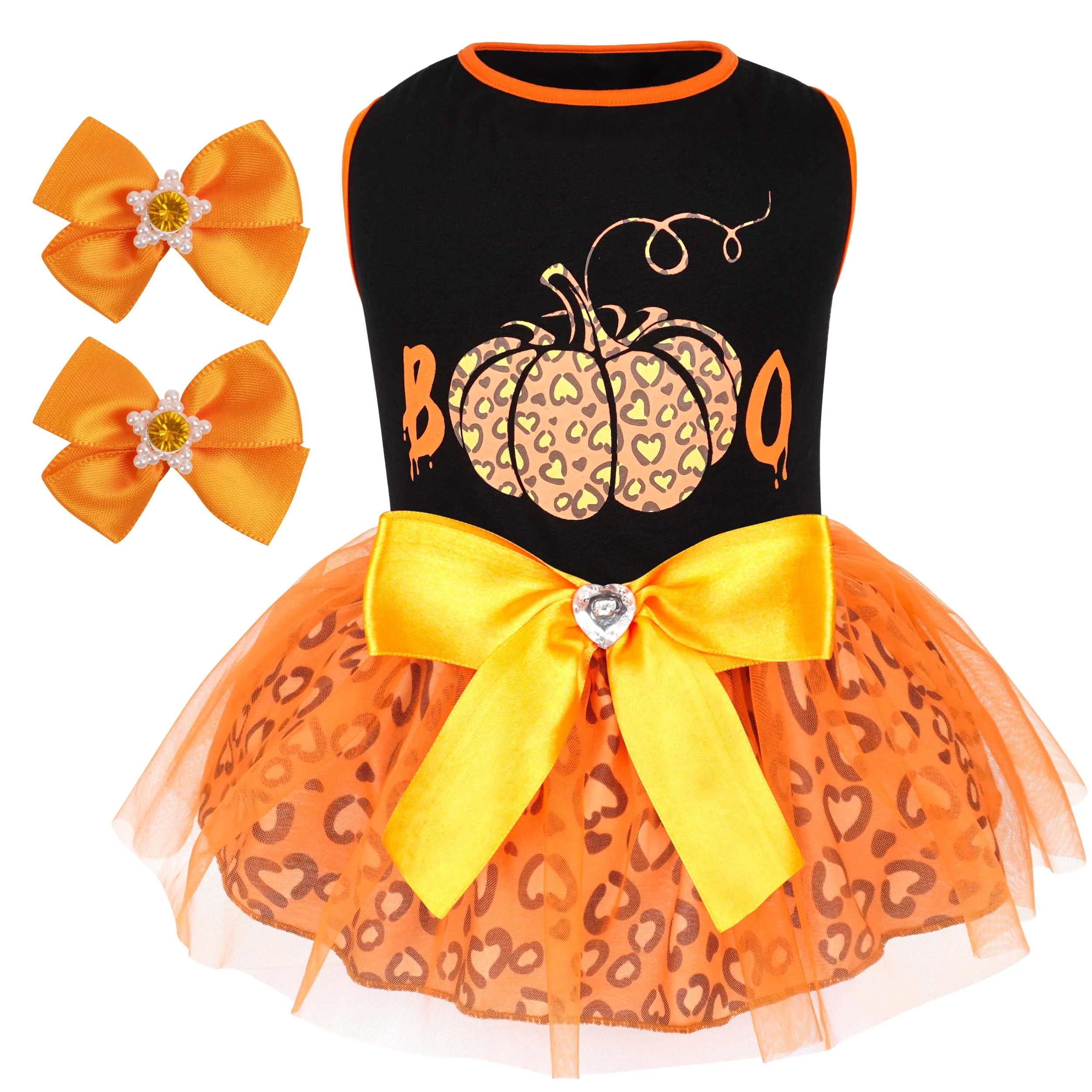 Eco-Friendly cyeollo Halloween Dog Dress Boo Leopard Print Pumpkin – Small Dog Tulle Holiday Outfit Natural