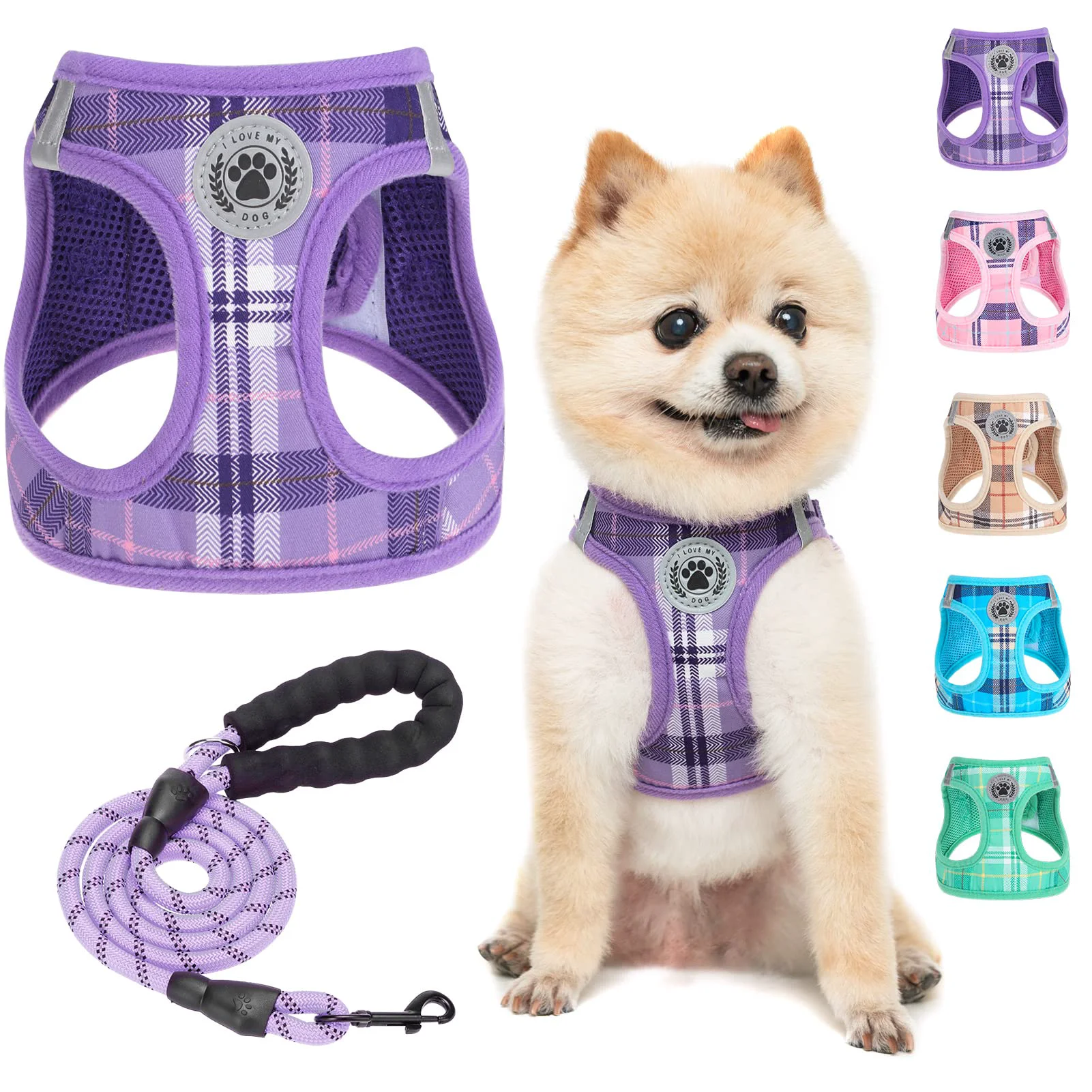 Premium BEAUTYZOO Small Dog Harness and Leash Set – No Pull No Choke Reflective Plaid Vest XS XXS Purple Exclusive