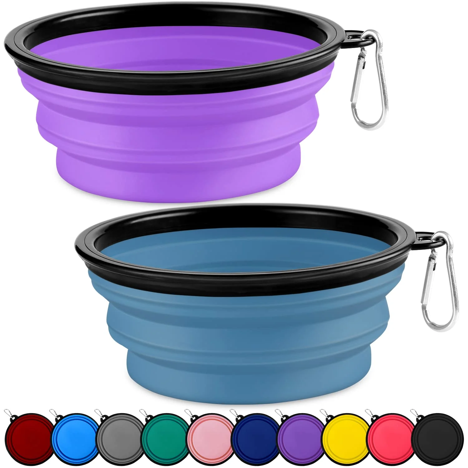 Lightweight Paercute Collapsible Dog Bowls – 2 Pack Large Size Travel Water Bowls with Carabiners Advanced