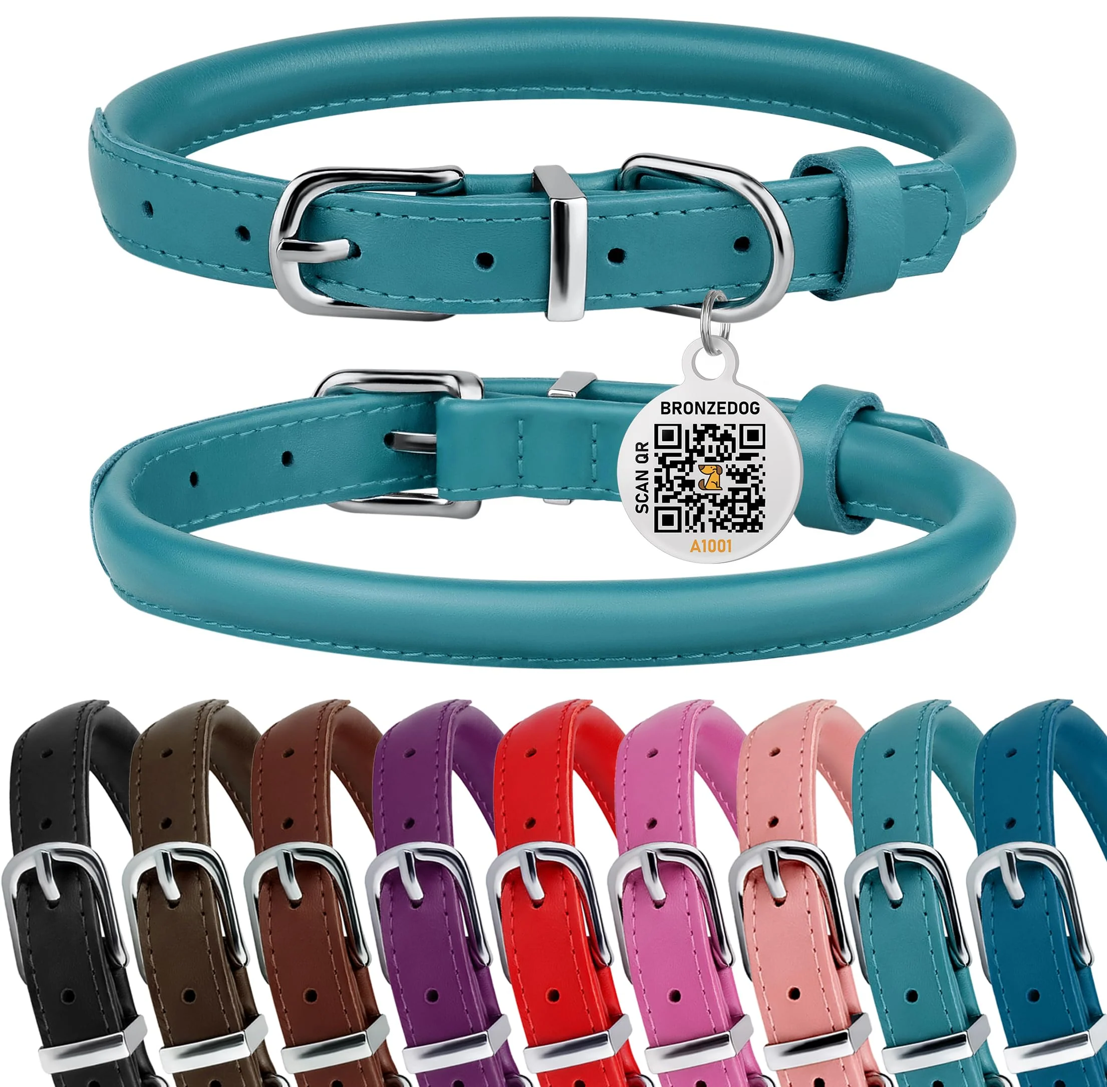 Safe BRONZEDOG Rolled Leather Dog Collar with QR ID Tag — Teal XS 9-11 in Soft