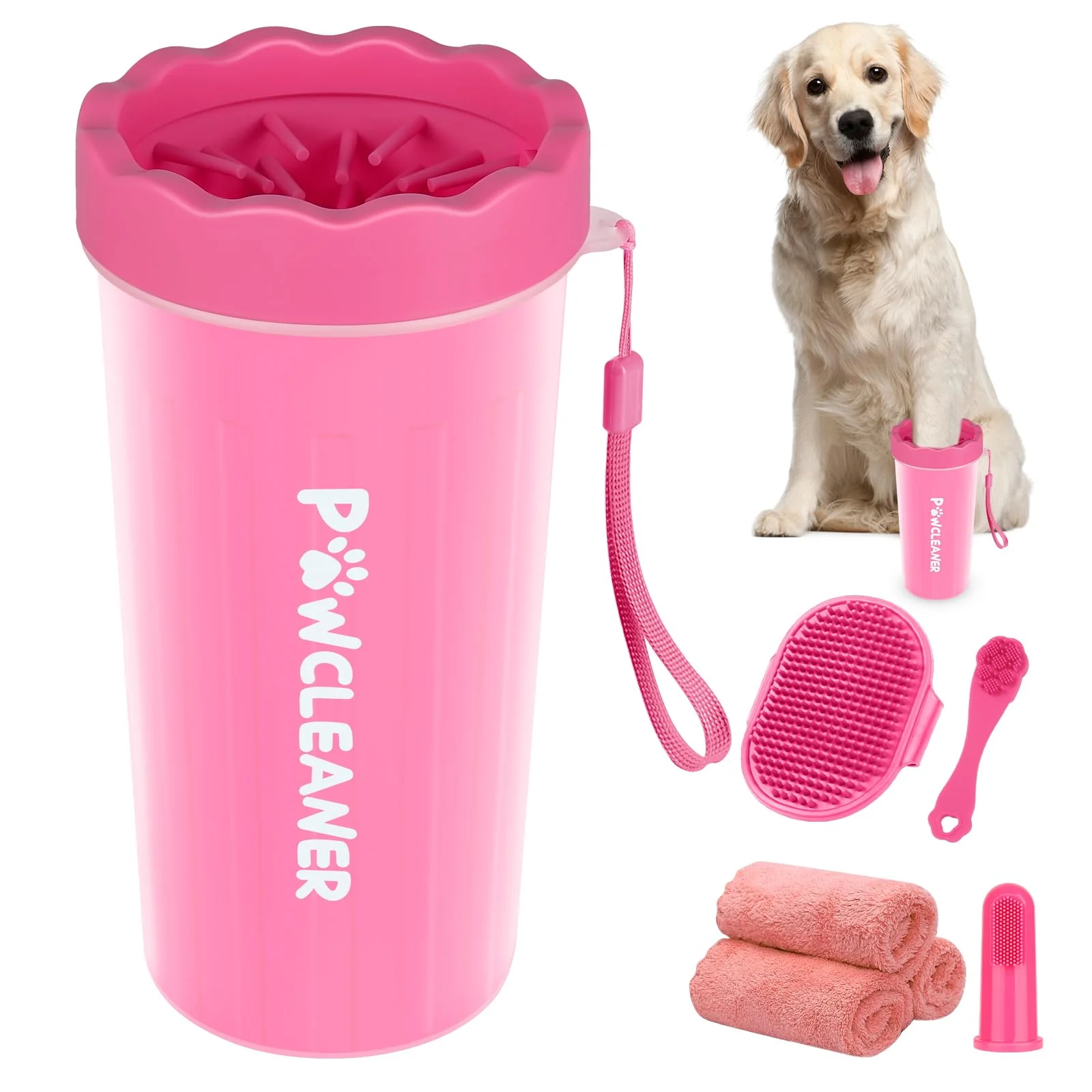 Fine Comotech Professional 7-in-1 Dog Paw Cleaner – Large Pink Fits 2.5–3.5 in paws Washer Bath Brush 2 Toothbrushes 3 Towels Casual