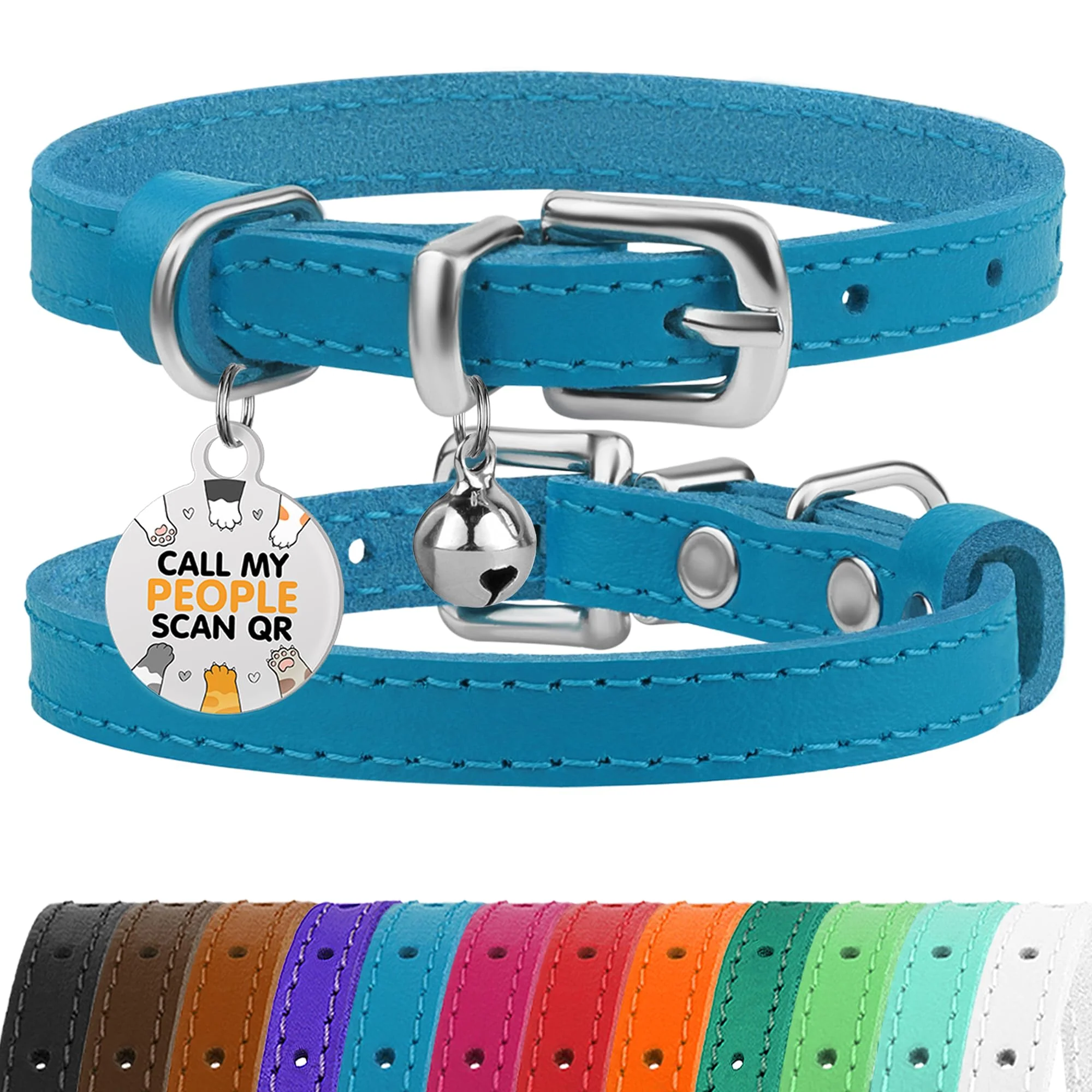 Eco-Friendly BRONZEDOG Leather Cat Collar with Removable Bell QR Tag – 9-12 in Blue Silver Minimalist