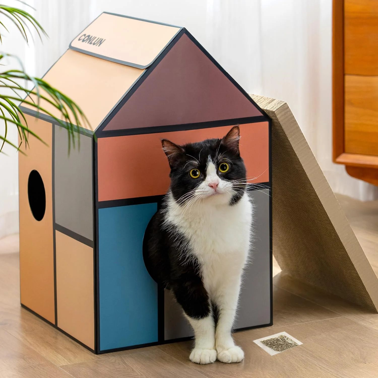 First-Class Conlun Cardboard Cat House with Scratch Pad Catnip – Heavy-Duty Indoor Hideaway Medium Modern