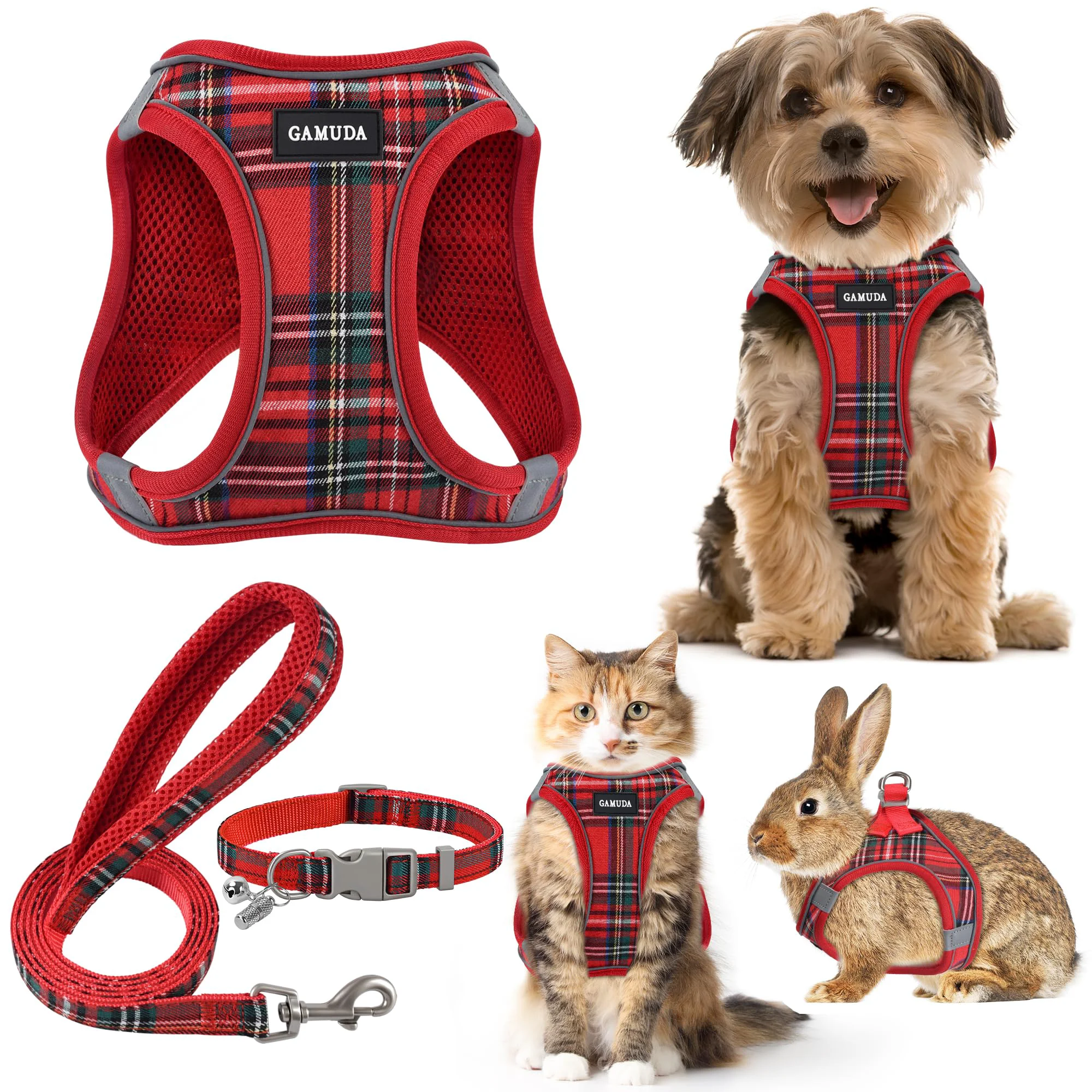 Secure GAMUDA Small Dog Harness Set — No Pull Step-In Plaid Mesh Unique