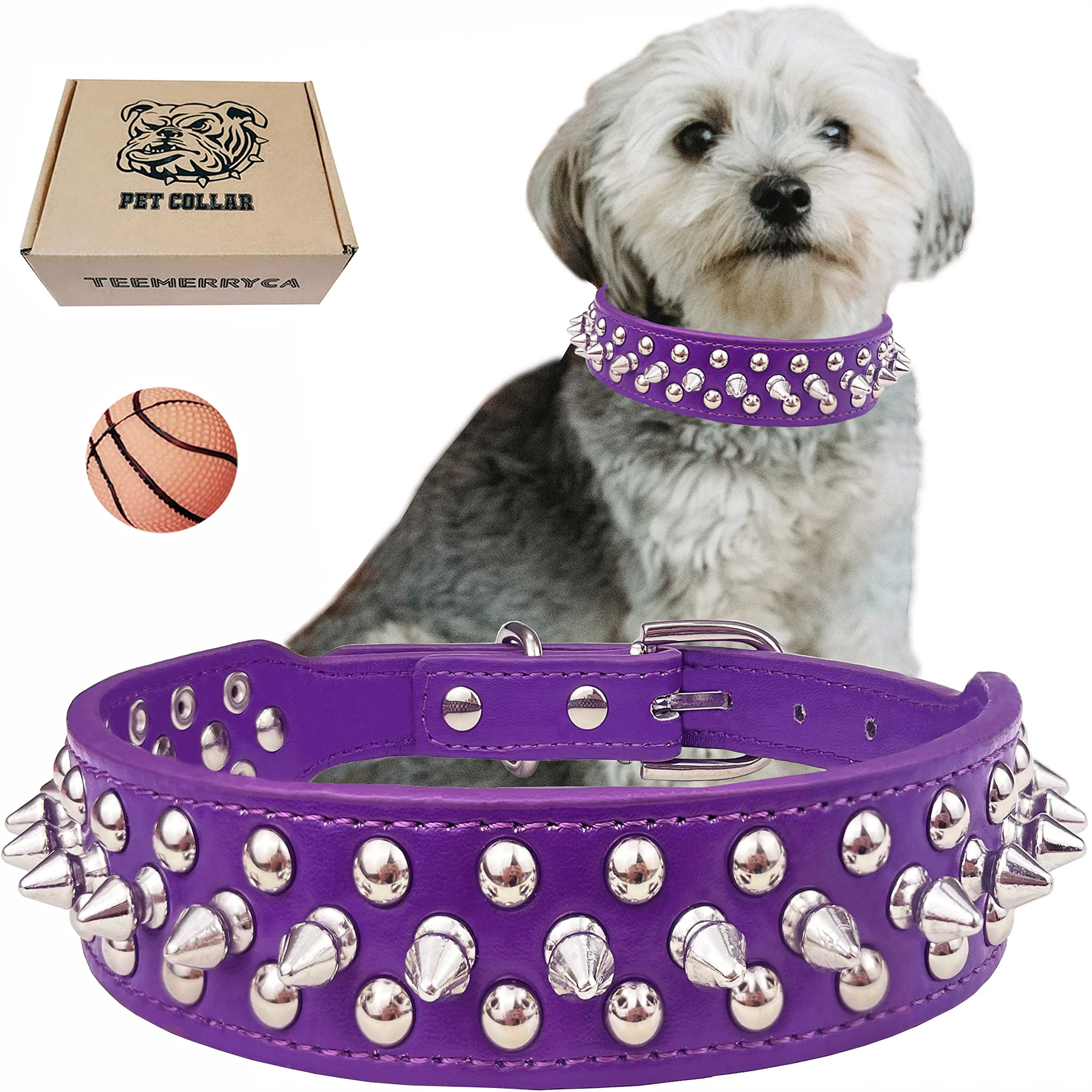 Advanced TEEMERRYCA Adjustable PU Leather Spiked Collar with Squeak Ball Gift – Purple 12-15 in Soft