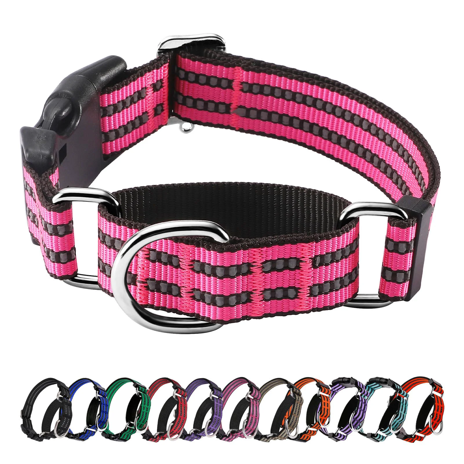 Reusable Hikiko Martingale Reflective Nylon Dog Collar – Quick Release Adjustable Medium Hot Pink Traditional
