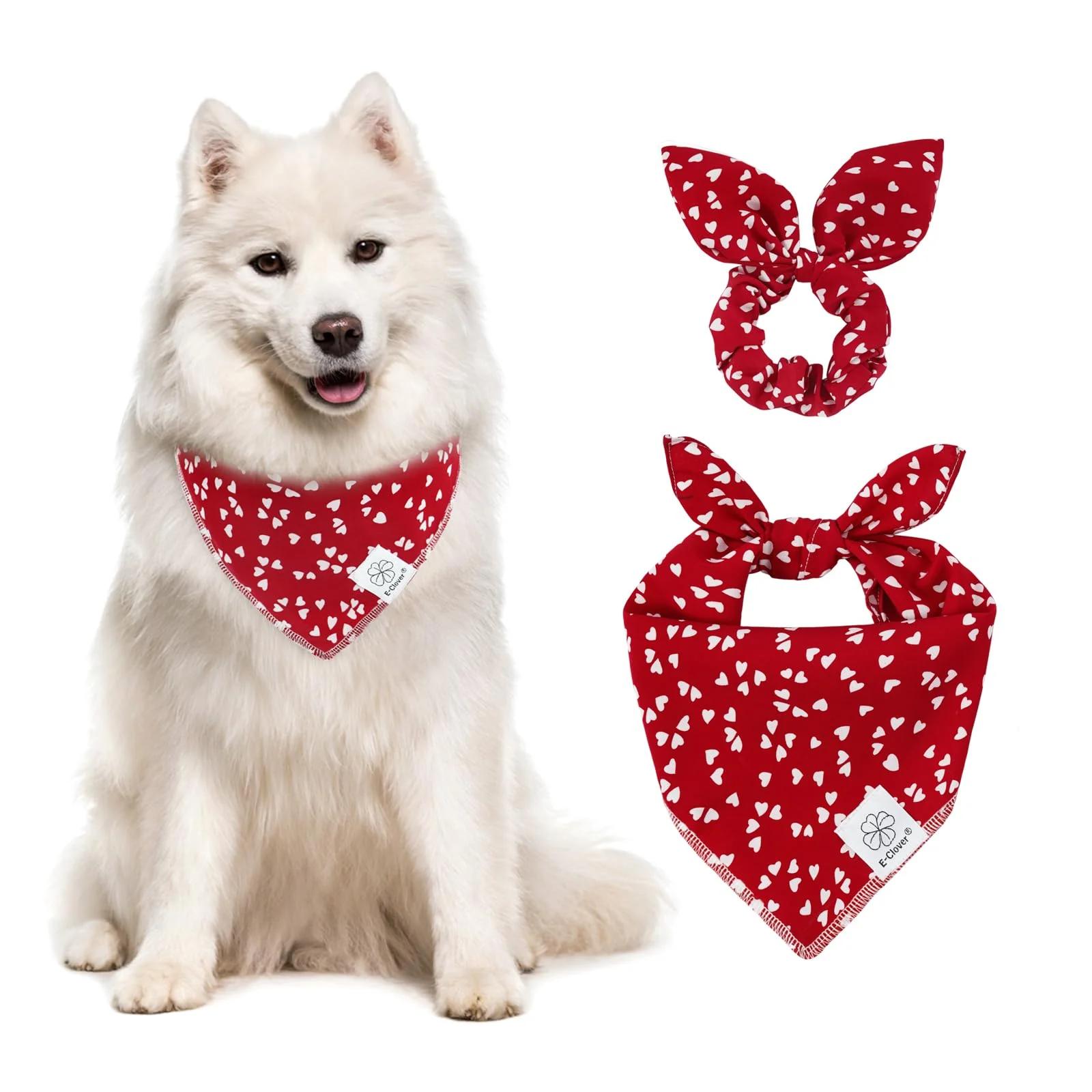 Exclusive E-Clover Mother’s Day Dog Bandana Matching Scrunchie – Red Heart Print for Dogs Fast