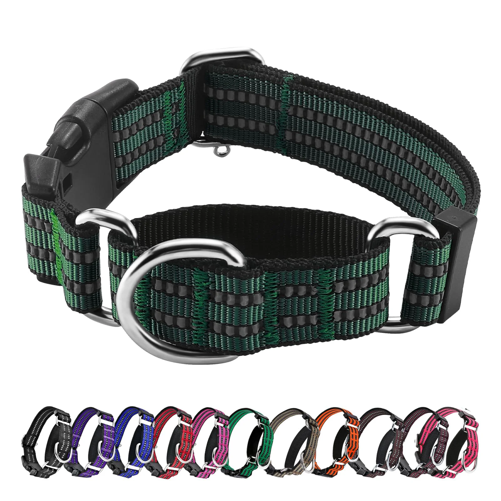 Enhanced Hikiko Martingale Dog Collar • Reflective Nylon Quick Release Adjustable Training No Slip Medium Dark Green Convenient