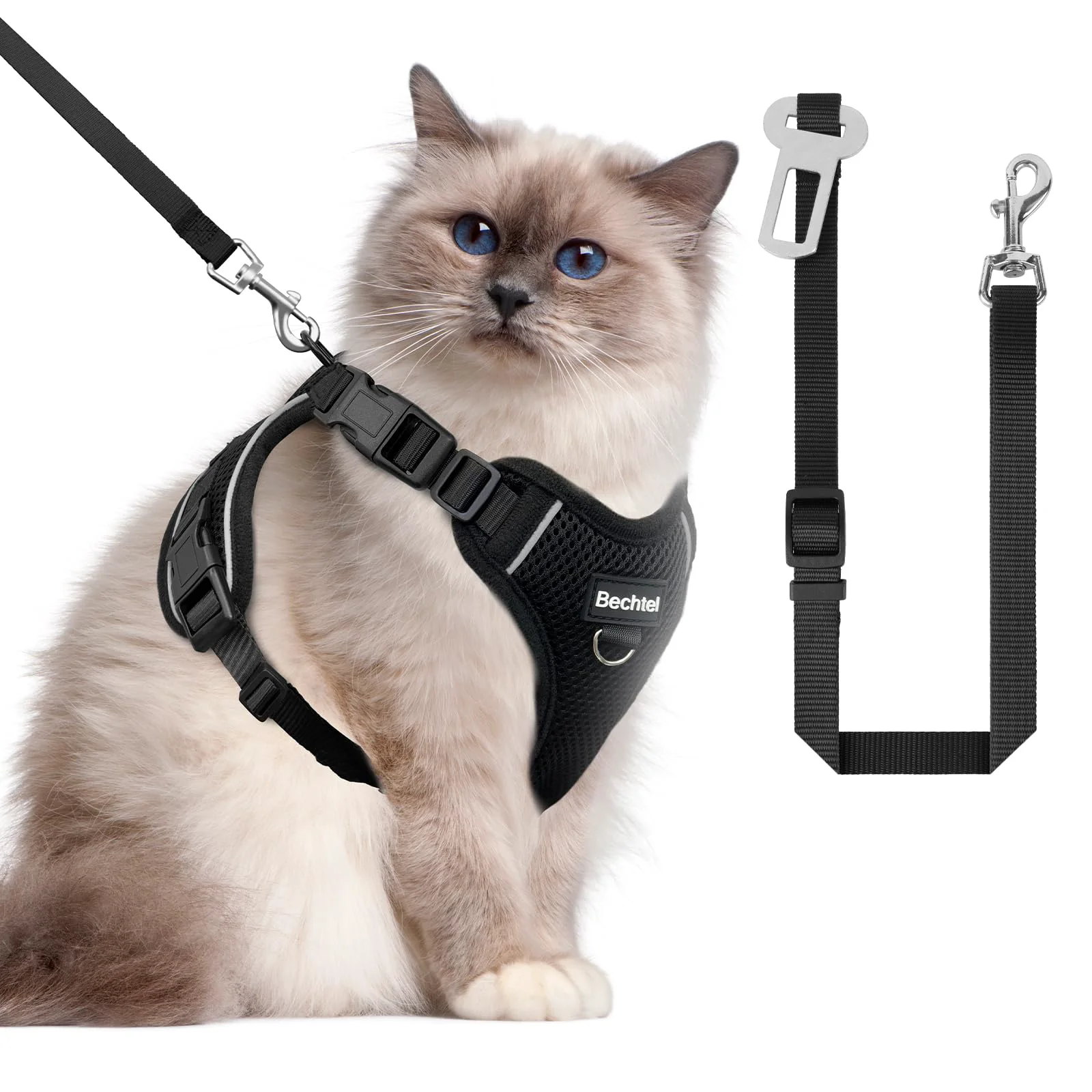 Premium BECHTEL Cat Harness Leash for Walking – Adjustable Four-Direction Fit Breathable Reflective Strips Black M Elegant
